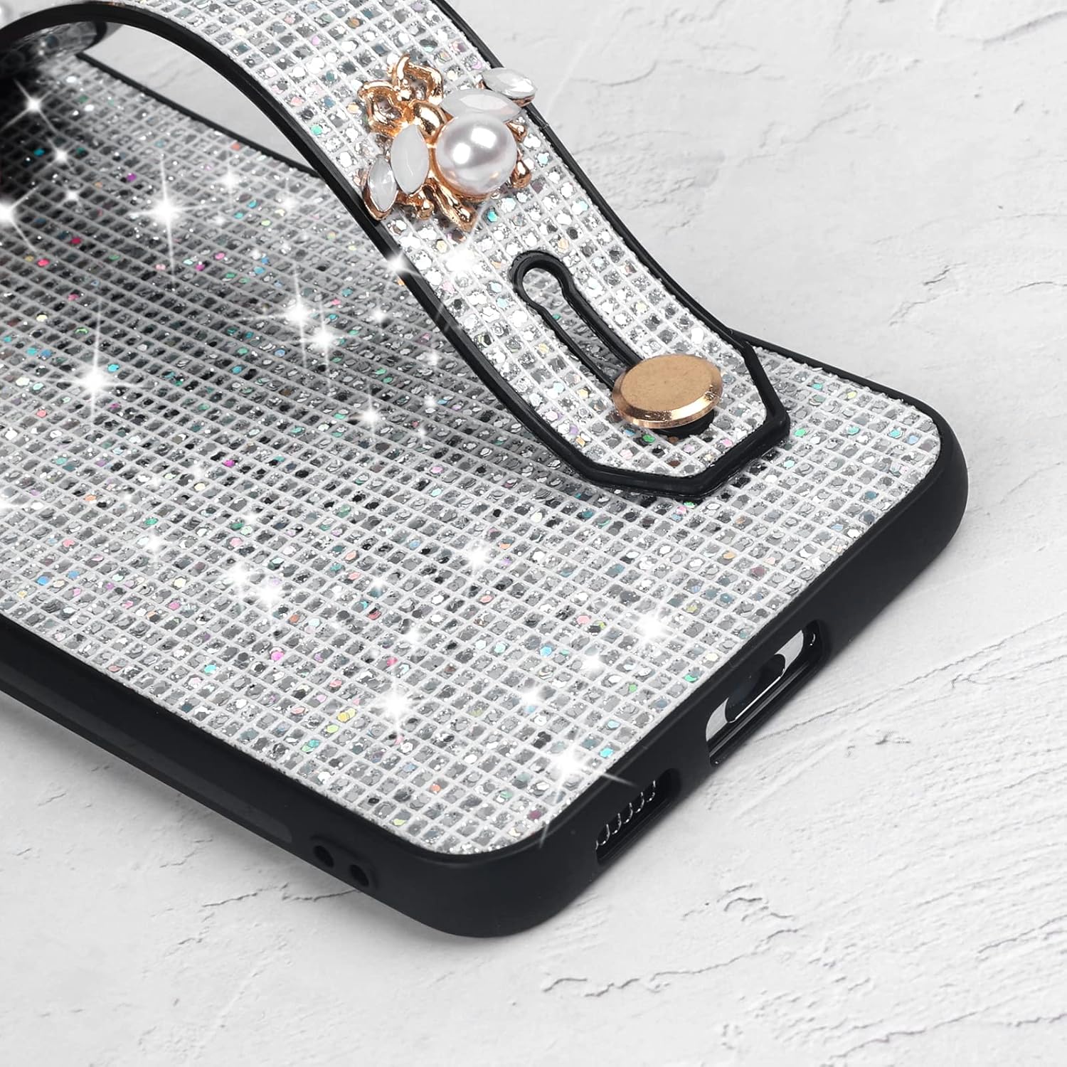 Guppy Compatible con Samsung Galaxy S23 Plus Bling Stand Case, Luxury Sparkle Bling Funda protectora con soporte y correa de mano, correa de muñeca