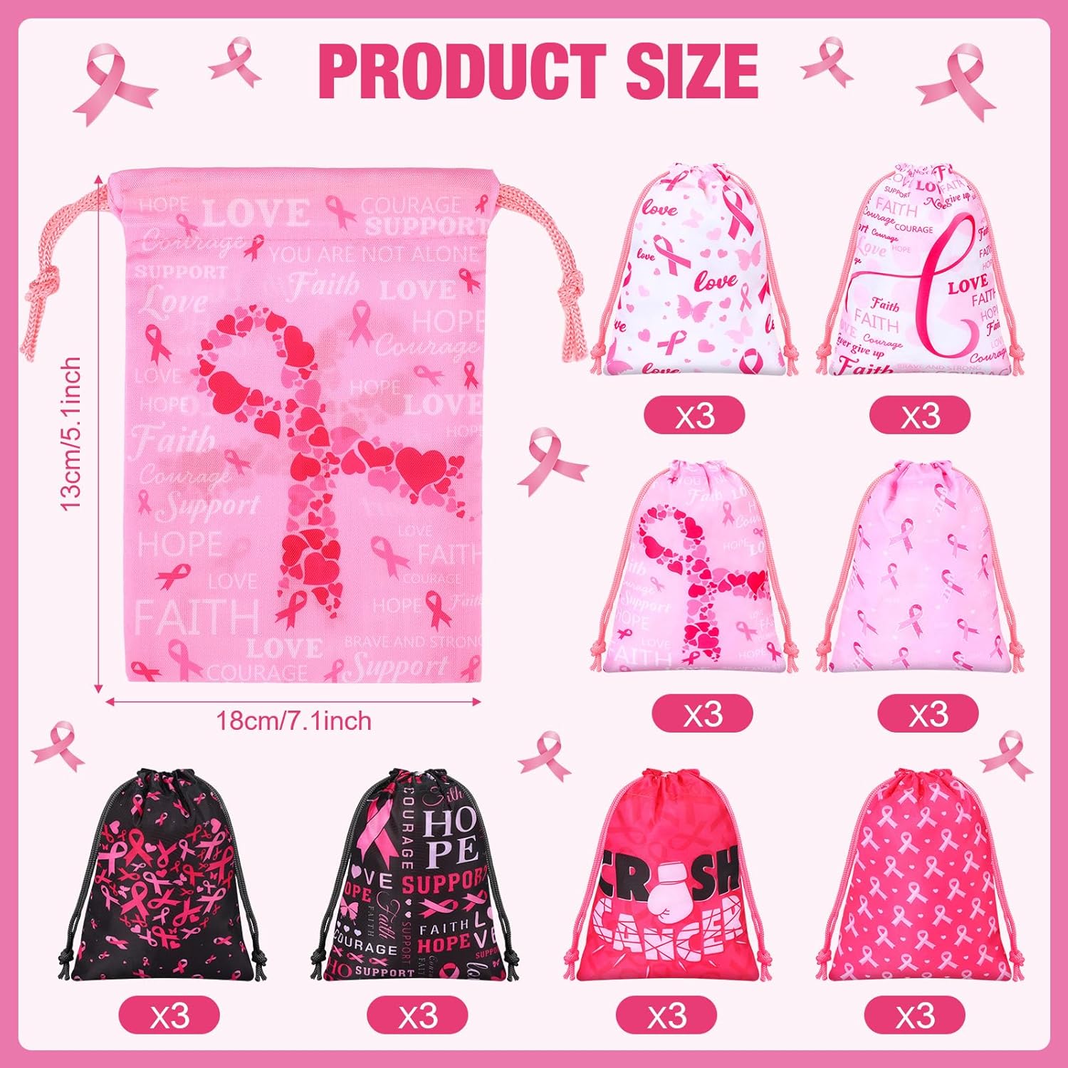 24 bolsas de cáncer de mama de 5 x 7 pulgadas, bolsa de cinta rosa con cordón, bolsa de regalo para concientización sobre el cáncer de mama, bolsa