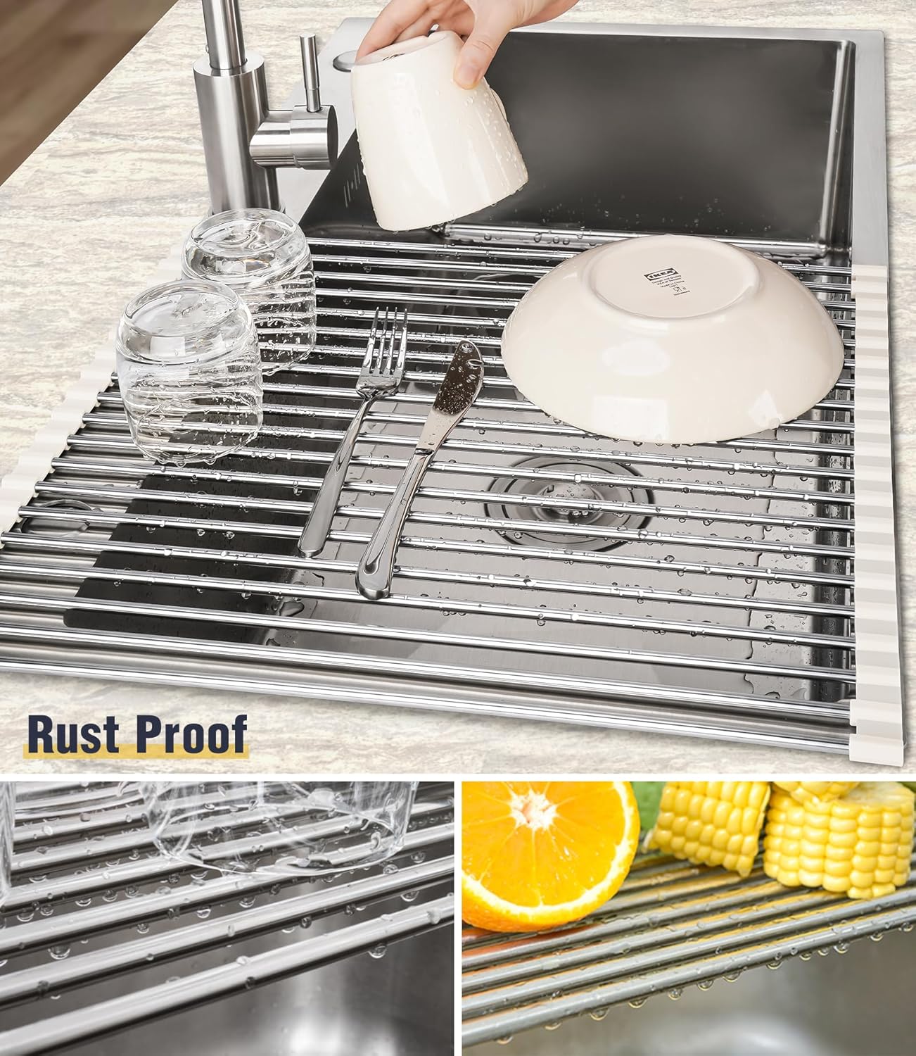 Tomorotec Escurridor de platos enrollable de 17.7 x 15.5 pulgadas, para colocar sobre el fregadero, para fregadero de cocina, accesorios multiusos,