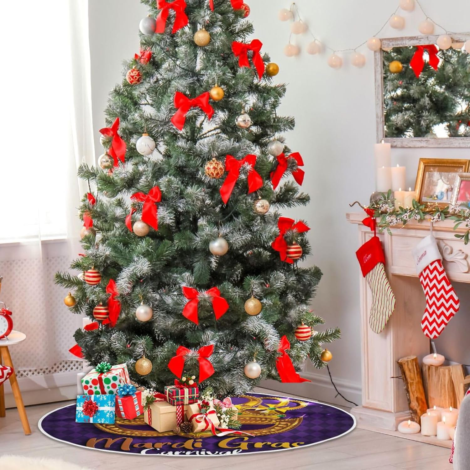 Carnival Mardi Gras Christmas Tree Skirt, Decorations for Tree, 35.4 in Christmas Tree Skirt Machine Washable, Fall Decor