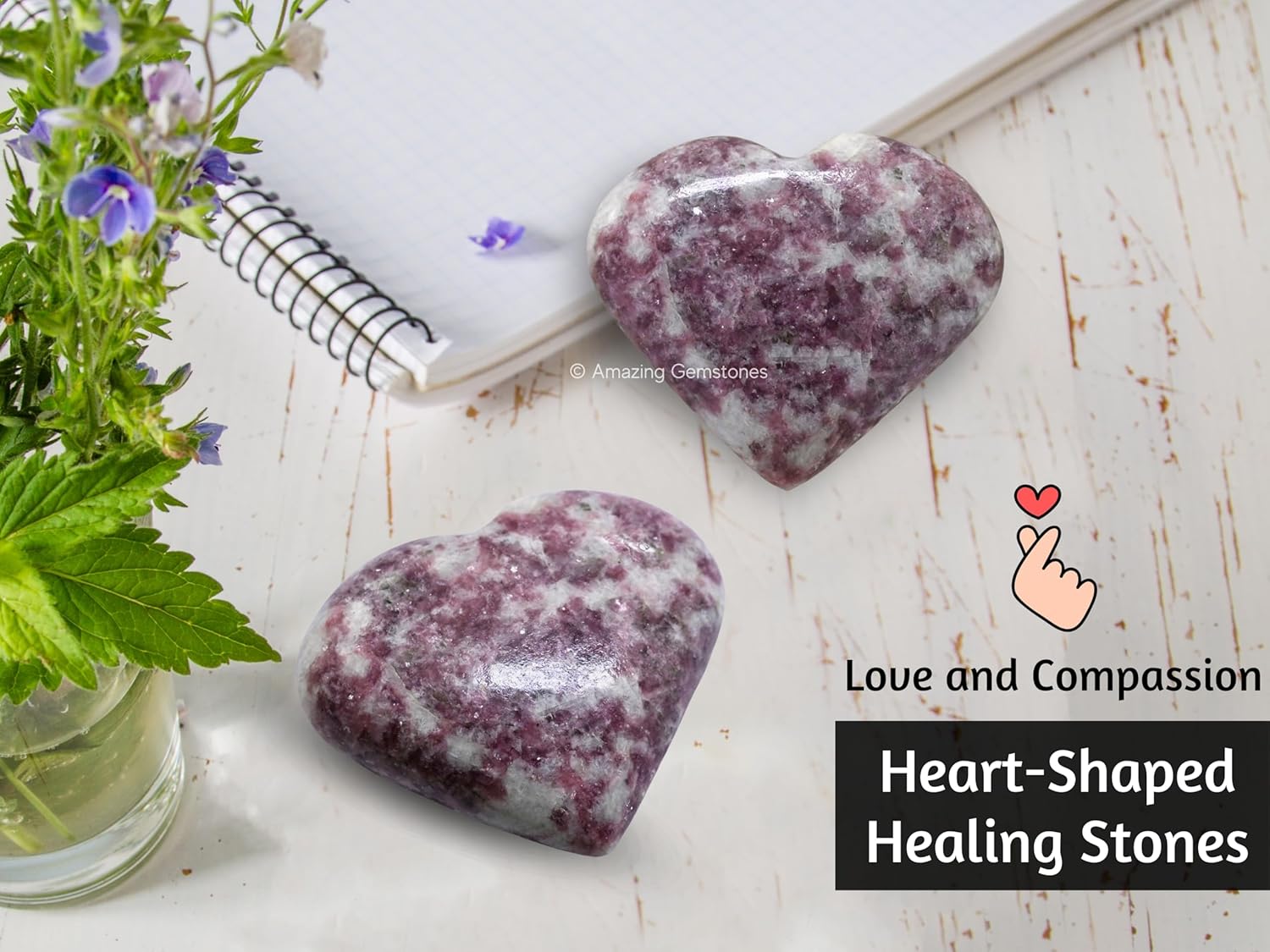 Piedra de palma de corazón de cristal de lepidolita, piedra de preocupación de masaje de bolsillo para equilibrio natural de chakras del cuerpo,