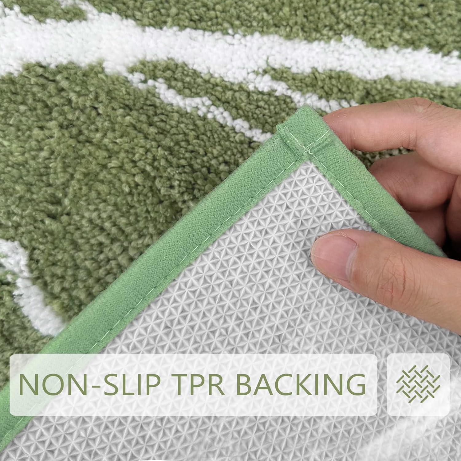 Tititex Alfombra de baño de lujo verde salvia con línea curva blanca, 20 x 32 pulgadas, alfombra de baño de microfibra extra suave y absorbente,