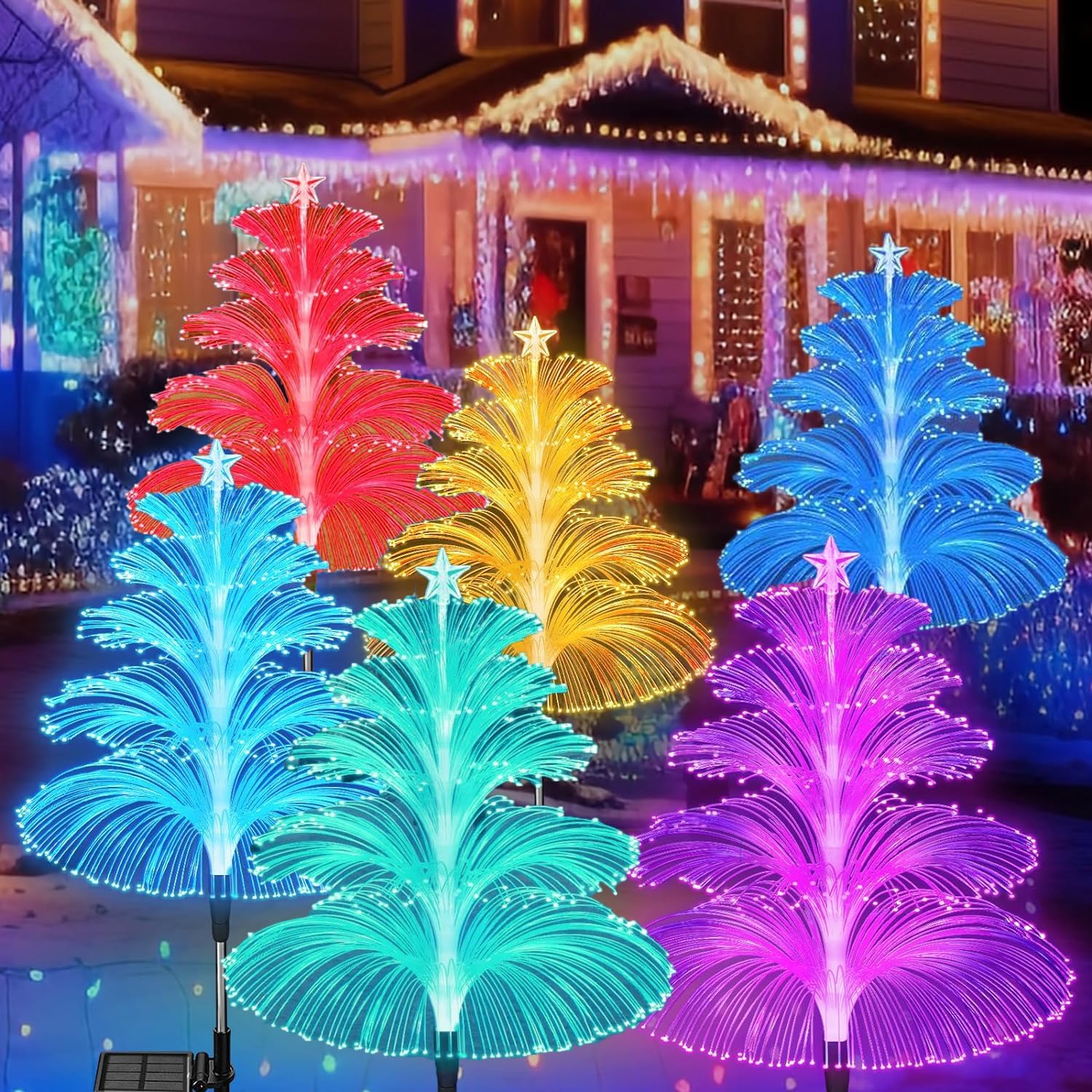 Luces solares de jardín, paquete de 6 luces solares mejoradas para exteriores, impermeables, 7 colores cambiantes, 5 capas, medusas y estrellas,