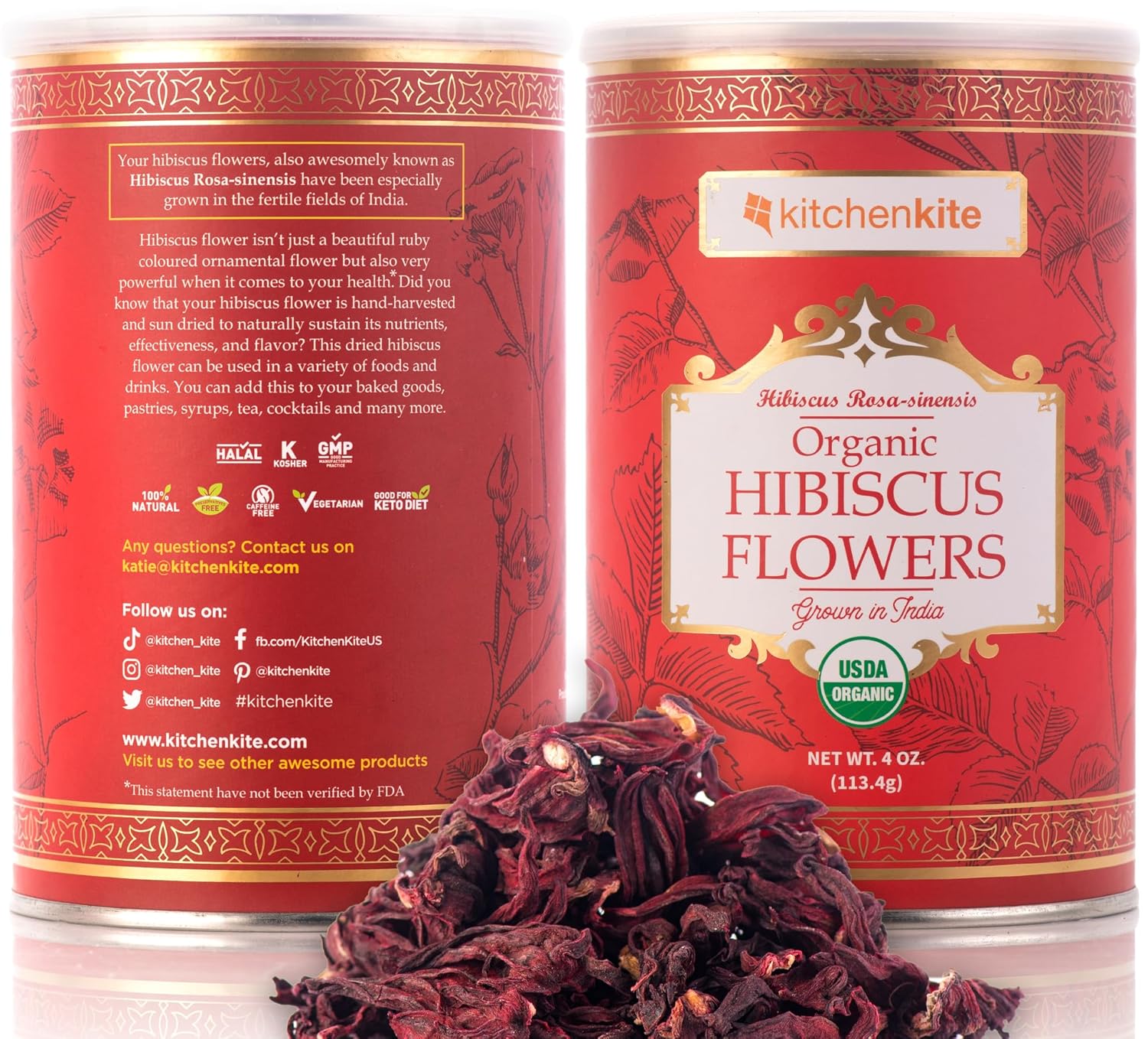 Flores orgánicas de hibisco de 4 onzas, 100% naturales y de calidad premium, aprobado por la USDA, té de hierbas, sin OMG, sin cafeína