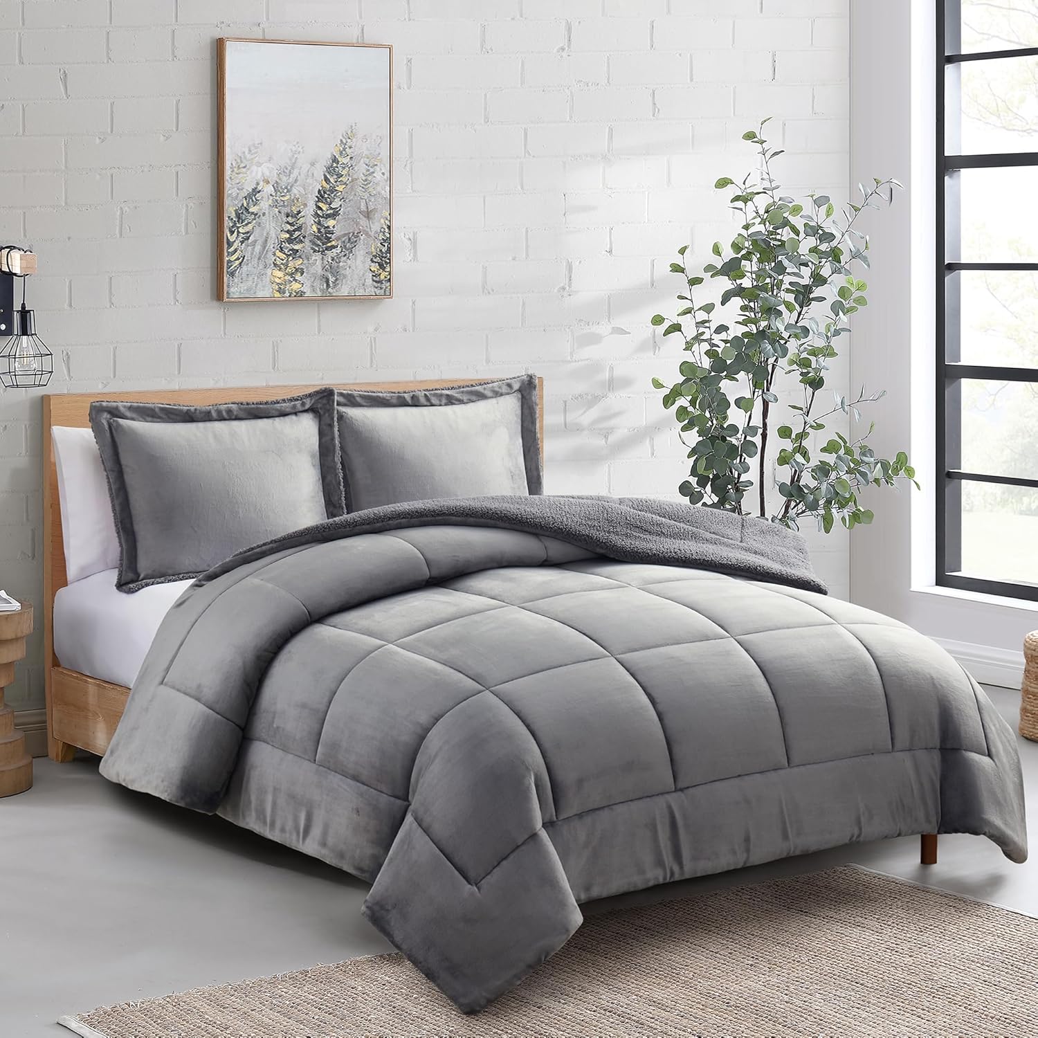 Sweet Home Collection Juego de edredón Sherpa de 3 piezas tamaño King, conjunto de ropa de cama de felpa con textura de sherpa suave y fundas a