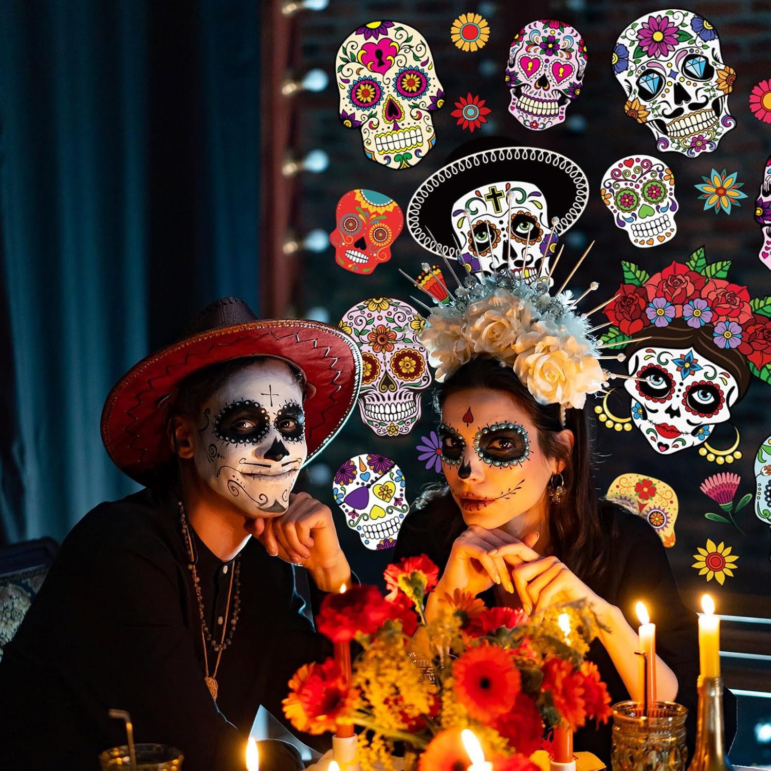 Whaline 9 hojas de calcomanías para ventana con diseño de calavera de azúcar de doble cara para Halloween, patrones de flores coloridas, calcomanías