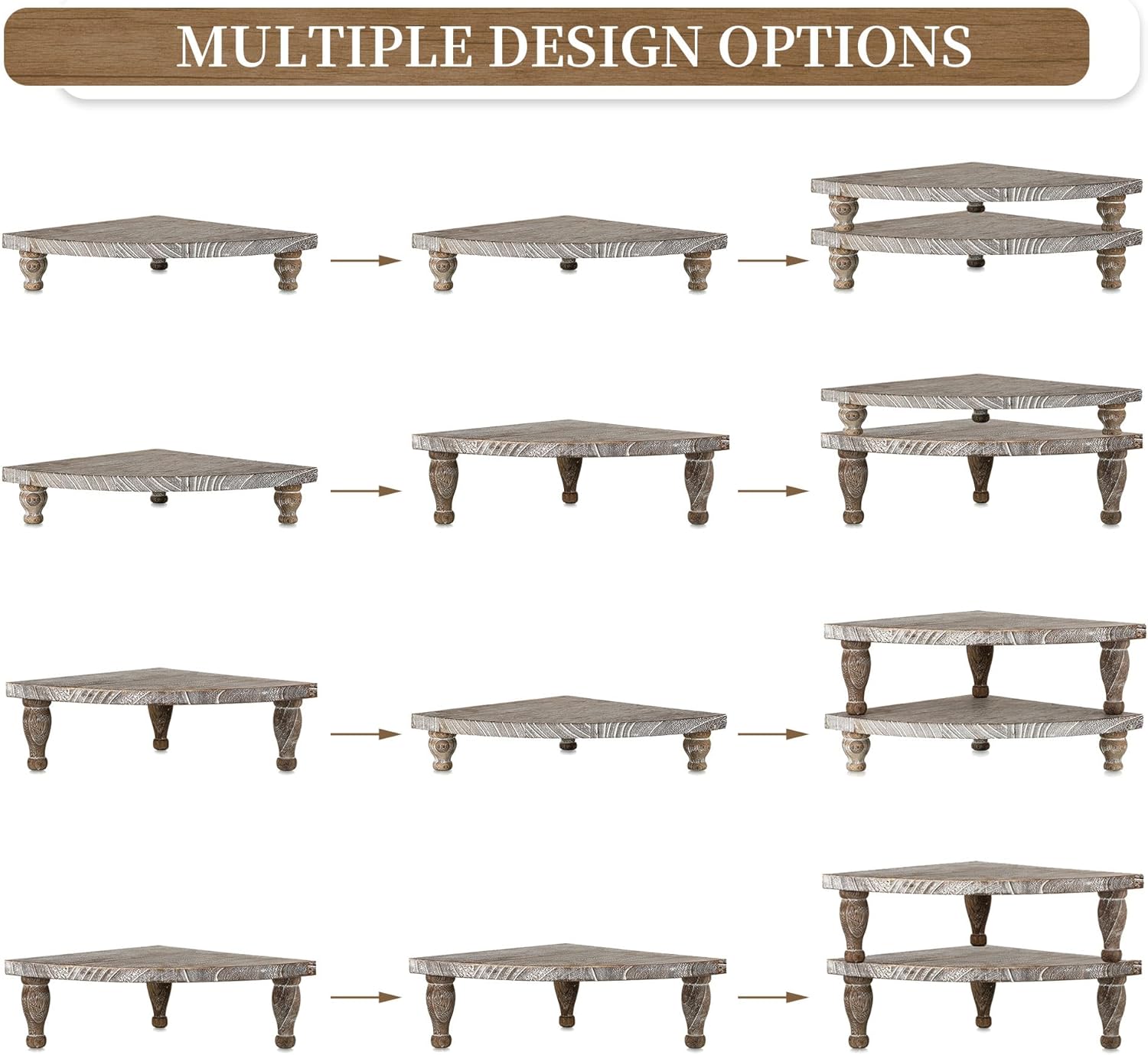 Hanobe Elevador de madera para mostrador de esquina bandeja decorativa rústica, juego de 2 soportes de pedestal de madera para exhibición, bandejas