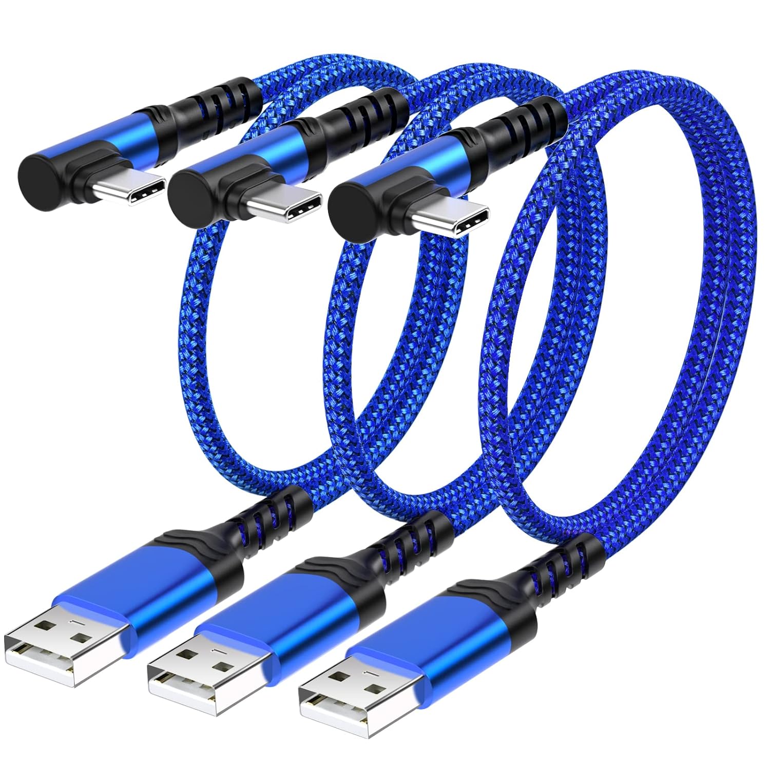 Cable corto USB tipo C, paquete de 3 unidades de 3 A USB C de carga rápida en ángulo recto enchufe trenzado USB a USB c 90 grados L en forma de