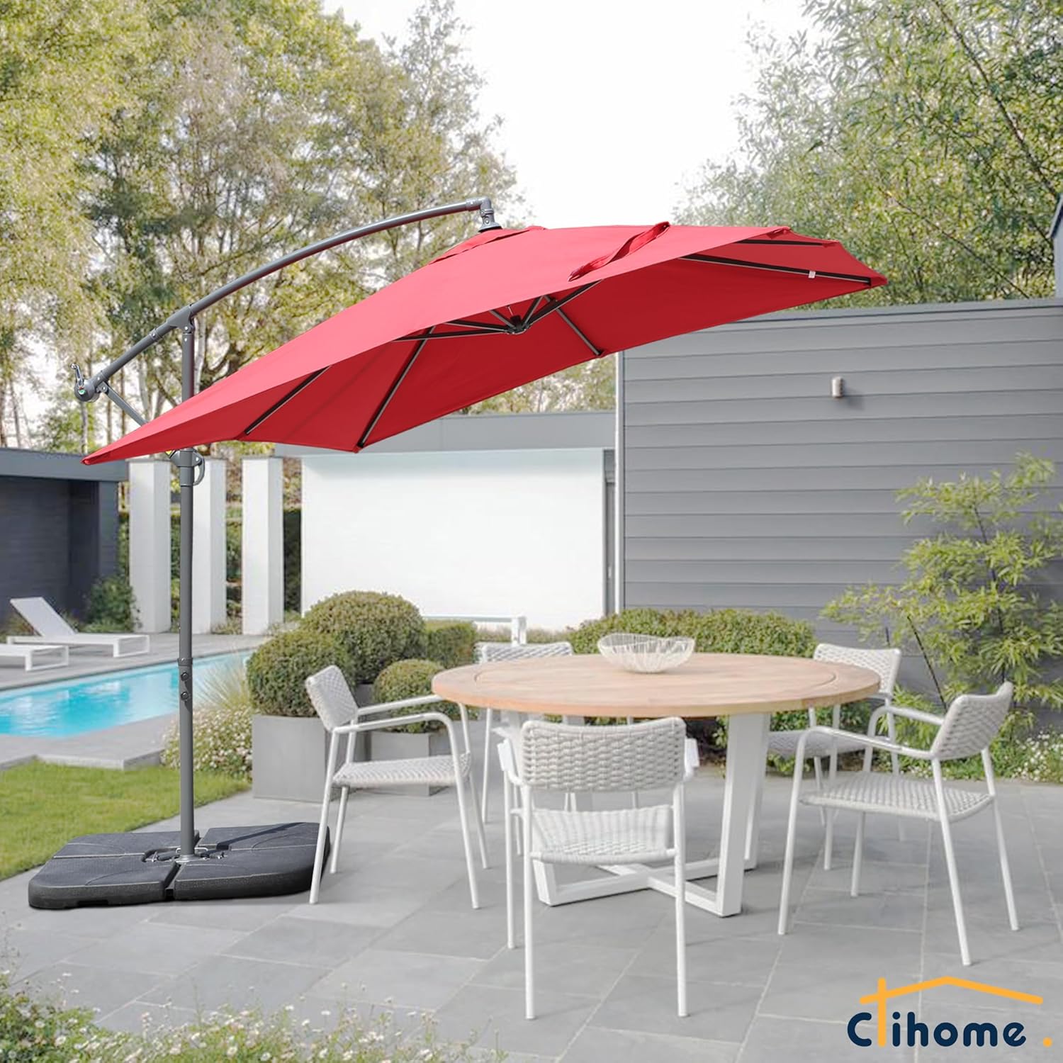 Sombrilla de patio cuadrada de 8.3 pies para exteriores, sombrilla voladiza para patio con botón de inclinación y base para patio, jardín, terraza y