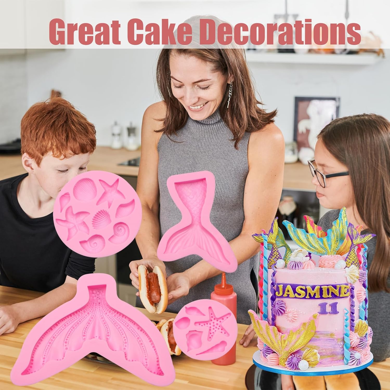 Moldes de fondant con temática marina, 4 piezas, cola de sirena, concha, estrella de mar, para hornear, chocolate, moldes de silicona para