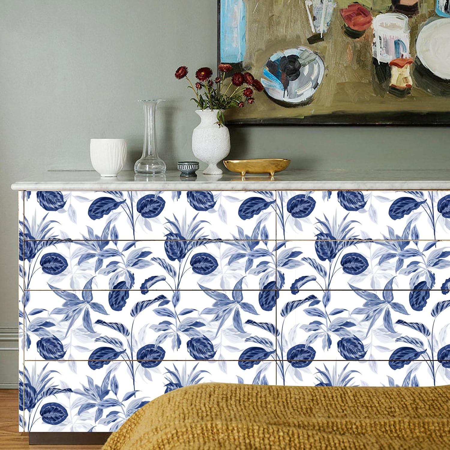 Papel tapiz adhesivo floral para despegar y pegar, extraíble, hojas azules, bohemio, fácil de despegar, autoadhesivo, moderno, impermeable, para
