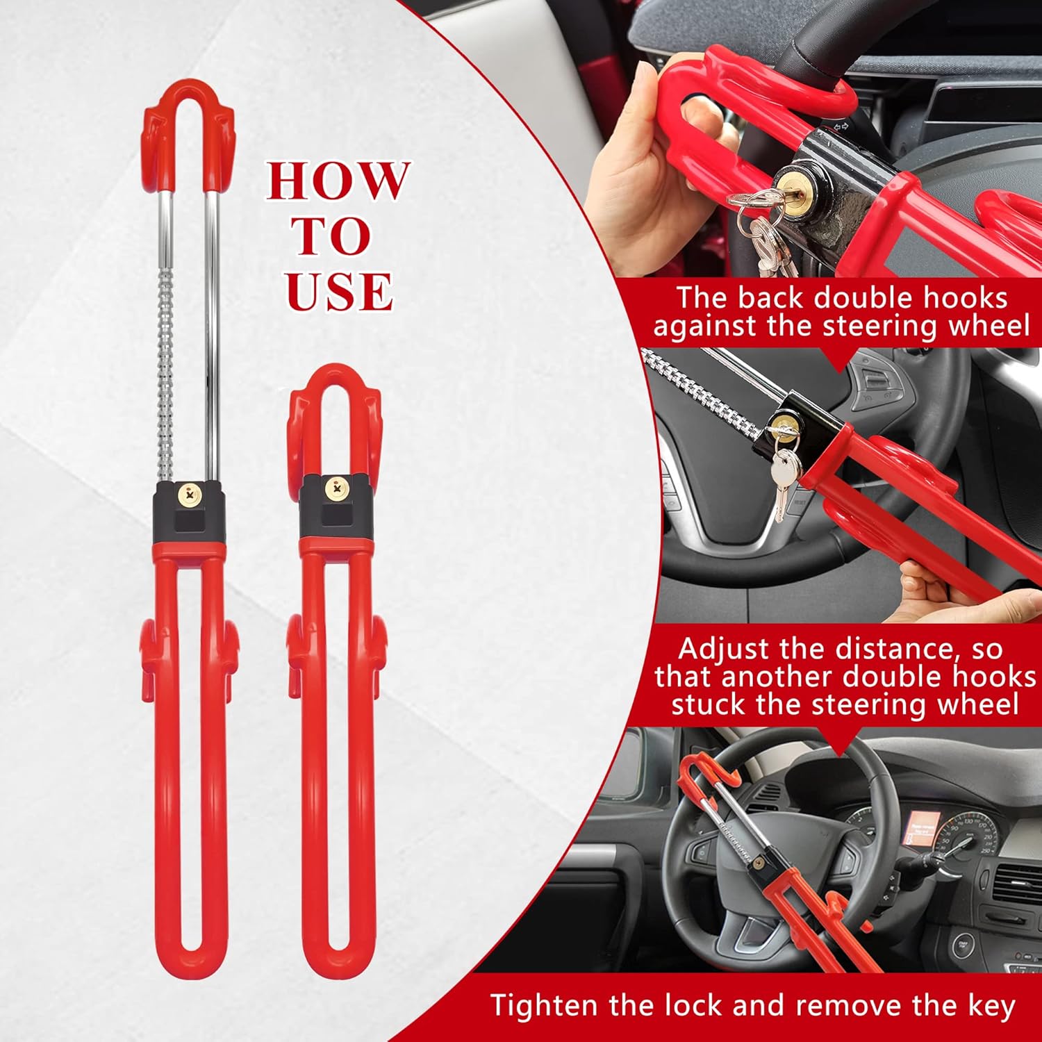 Cerradura antirrobo para volante, longitud ajustable, doble gancho, ajuste universal para coches, furgonetas, caravanas, SUV, camiones, rojo