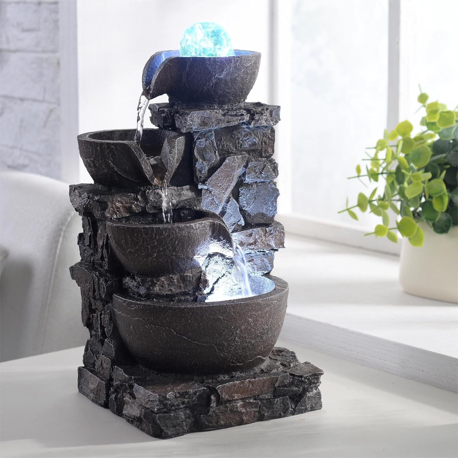 MSEONWXI Fuente de mesa para decoración del hogar, piedra interior, cuatro tazones, rocas de río naturales, decoradas, luces coloridas, bola rodante