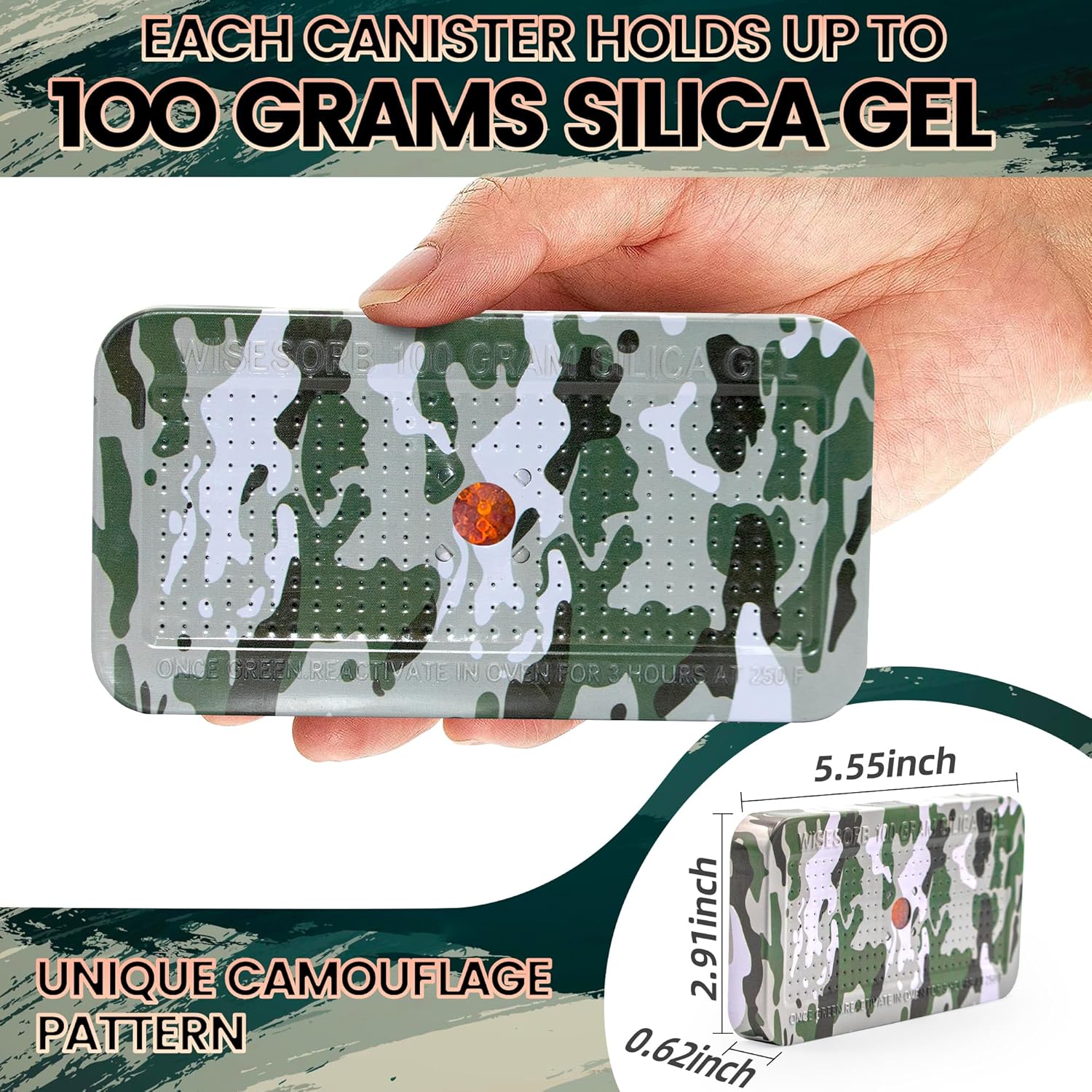 Wisesorb Deshumidificador seguro para pistola de 3.53 onzas, paquete de 20 paquetes de gel de sílice reutilizables con patrón de camuflaje,