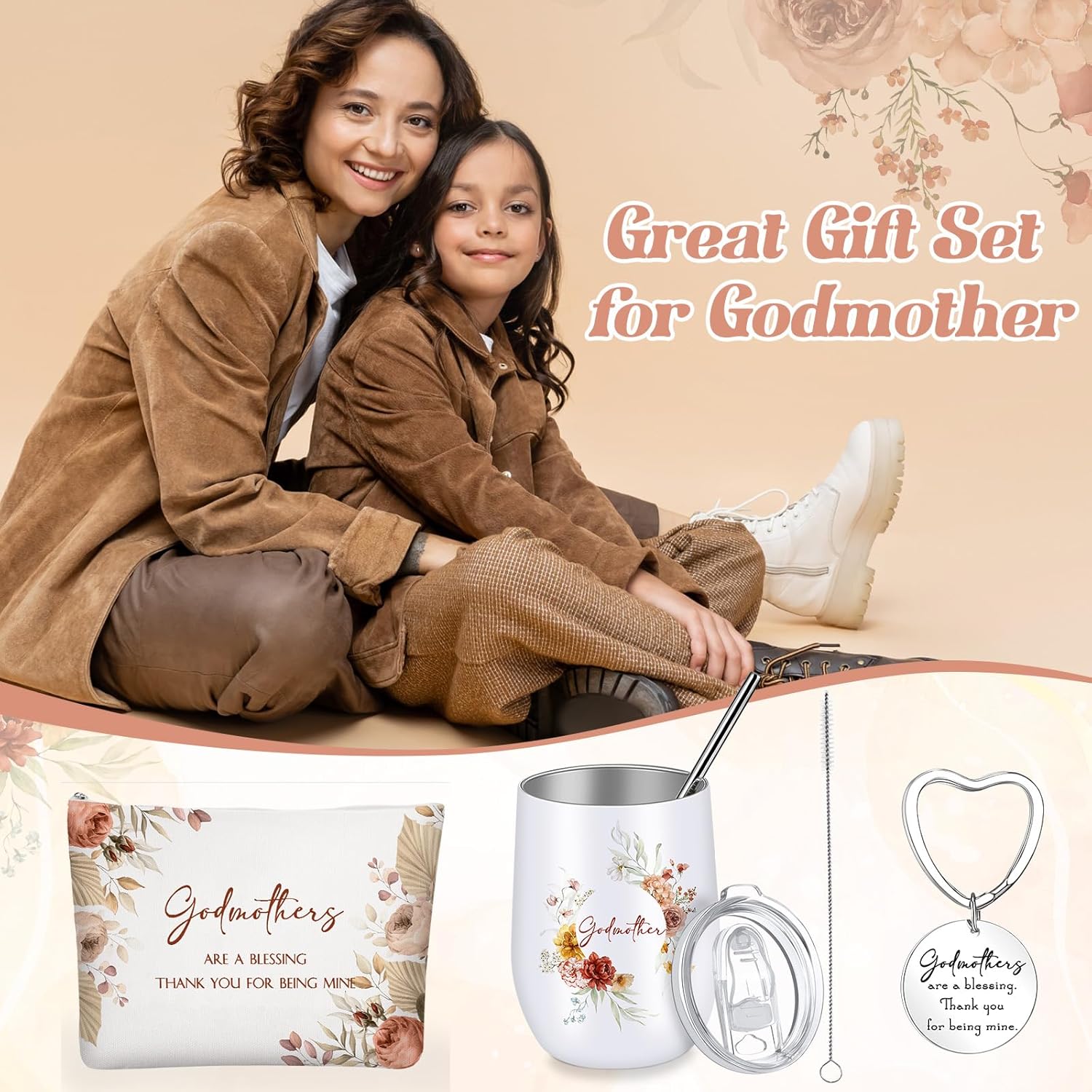 Juego de 3 vasos de acero inoxidable de 12 onzas, regalos para madrina, bolsas de maquillaje, llavero para Acción de Gracias, boda, vacaciones,