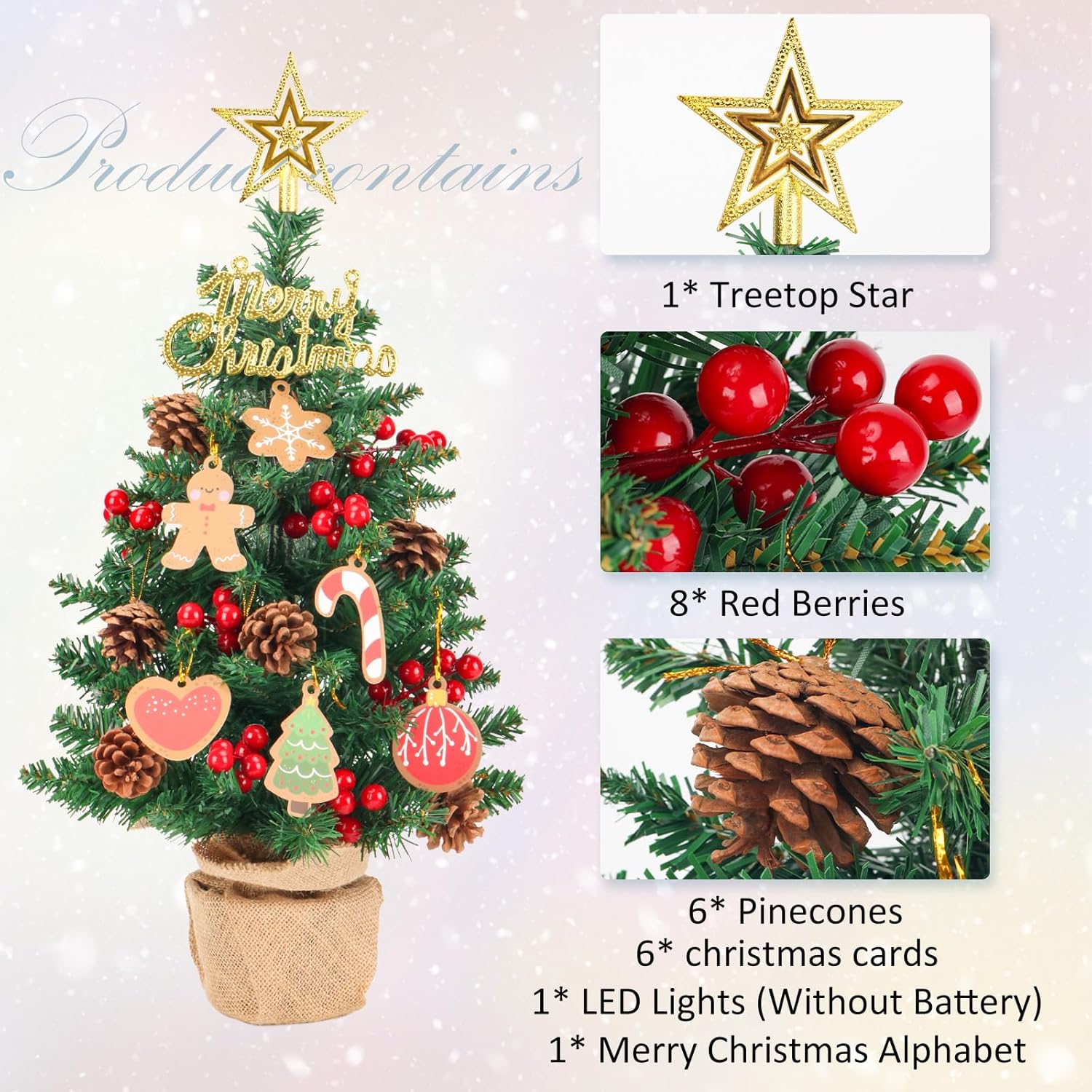 Mini árbol de Navidad artificial con luces, árboles de Navidad de mesa de 22 pulgadas, 65 puntas de rama, pequeños árboles de Navidad con adornos