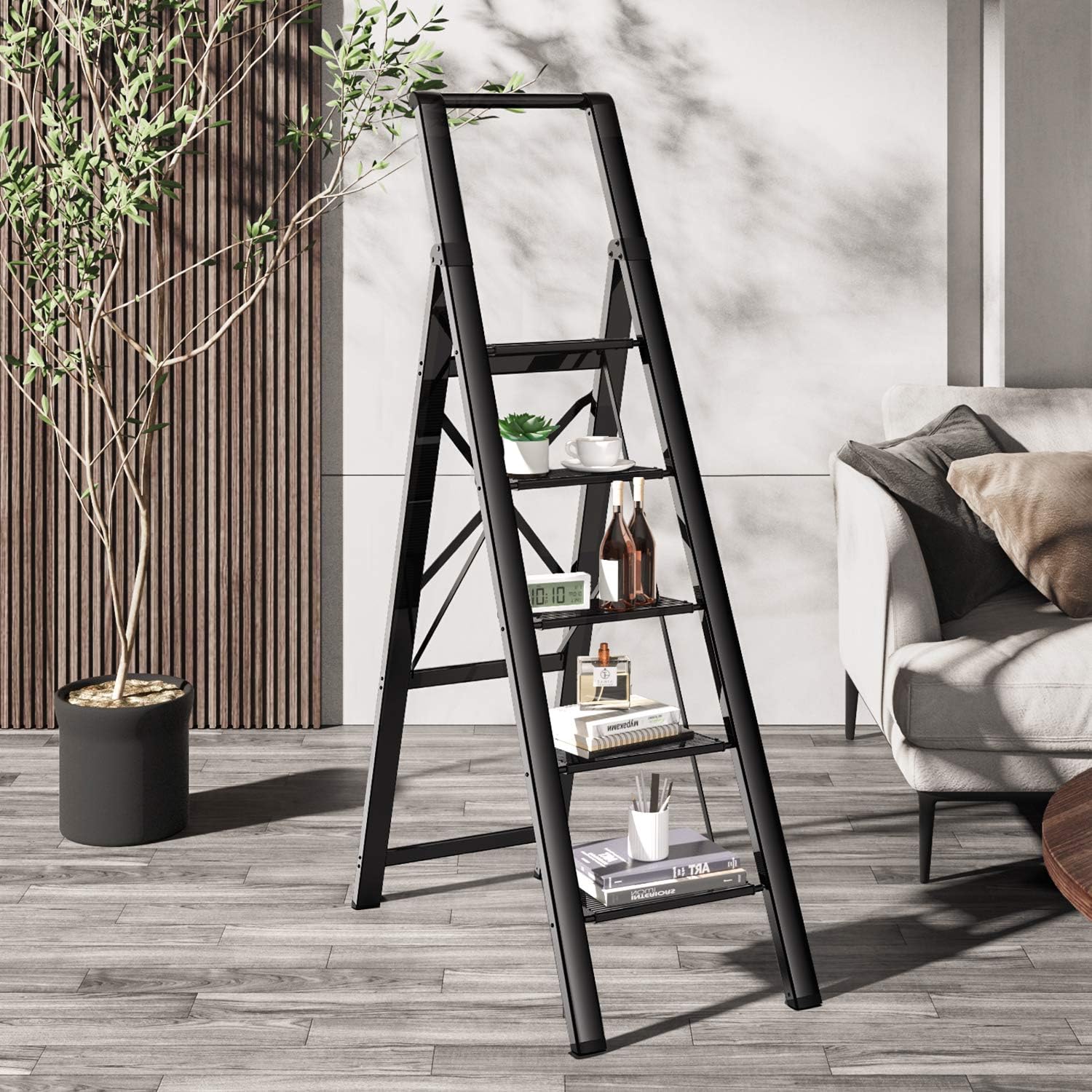 GameGem Escalera plegable de aluminio ligero de 5 escalones con pedal antideslizante y ancho para uso en el hogar y la cocina, ahorro de espacio