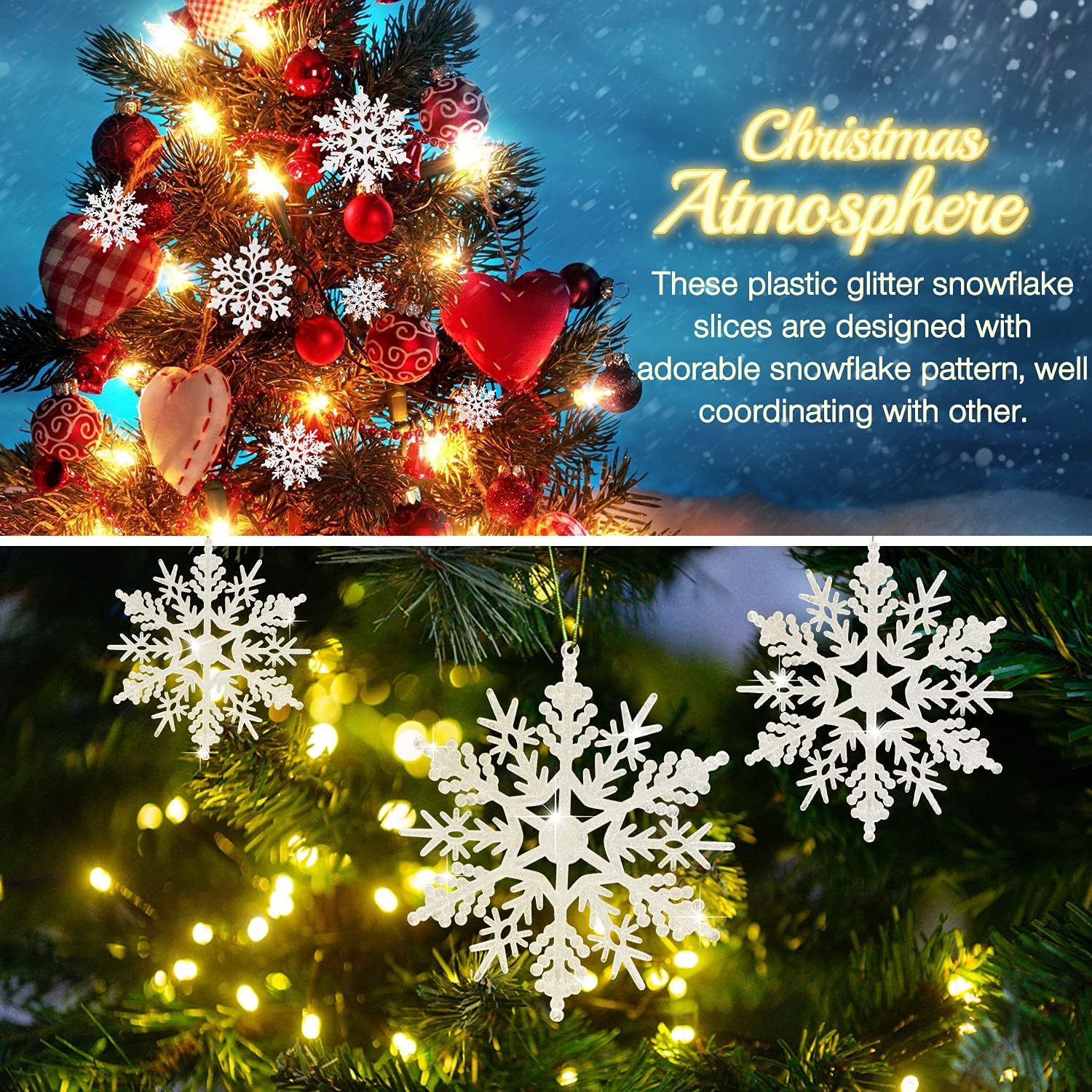 46 piezas de adornos de copo de nieve con purpurina blanca de varios tamaños, decoraciones de árbol de Navidad de plástico con cuerda plateada para