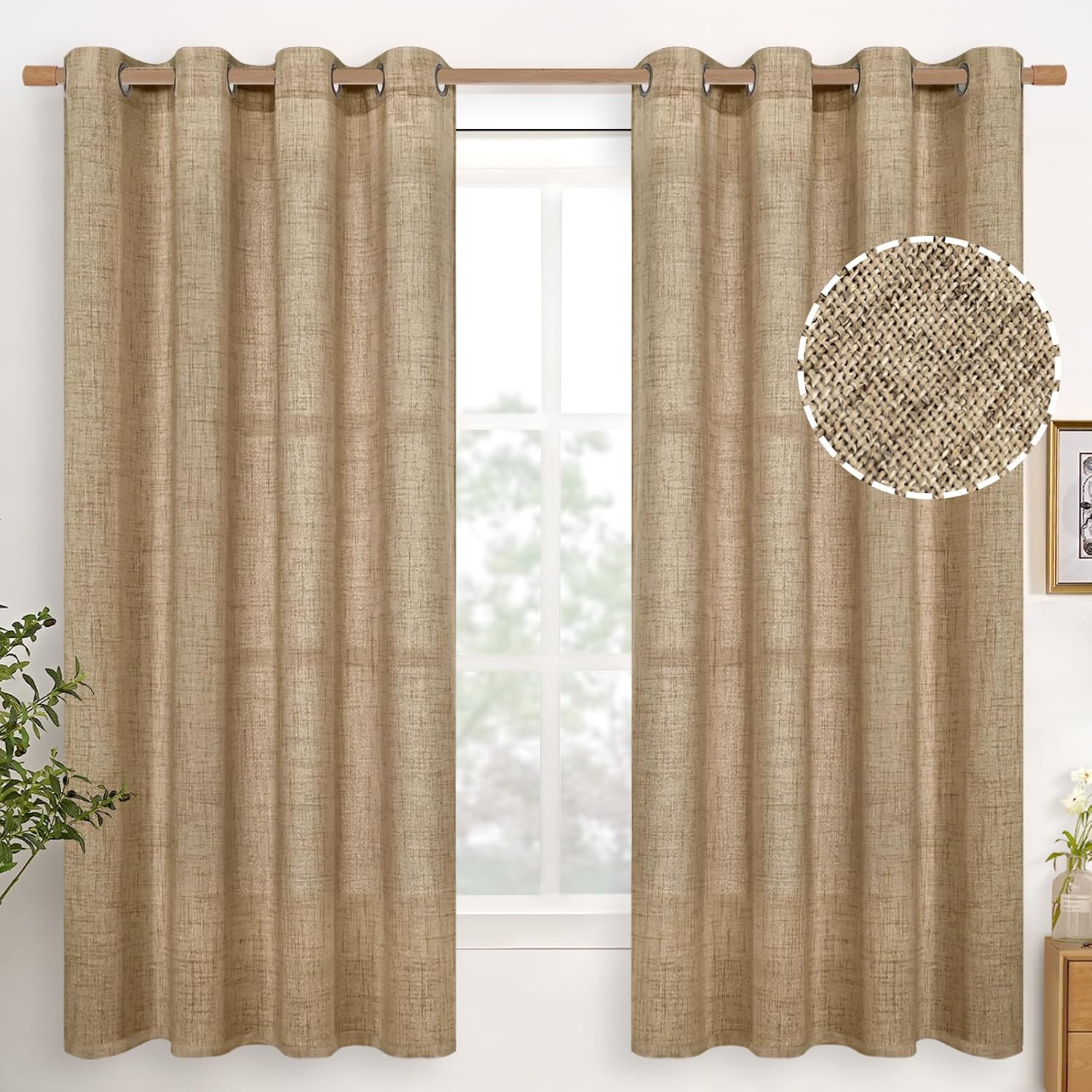 YoungsTex Cortinas de lino de 63 pulgadas de largo, cortinas texturizadas de arpillera con ojales de bronce, filtrado de luz de privacidad para sala