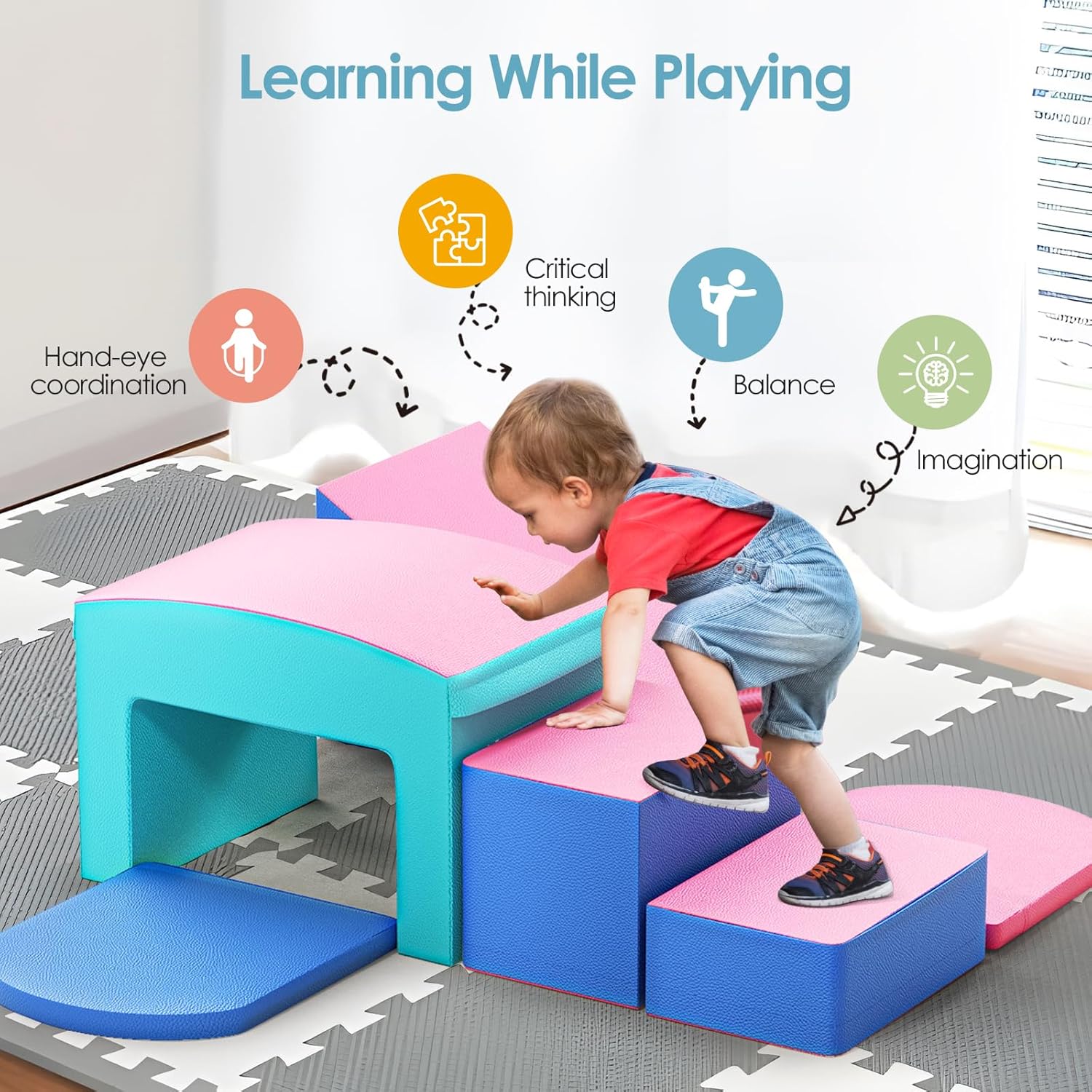 Bloques de escalada de espuma para niños pequeños, 6 piezas de juguetes de escalada suaves, juego de espuma para gatear y escalar con túnel, patio