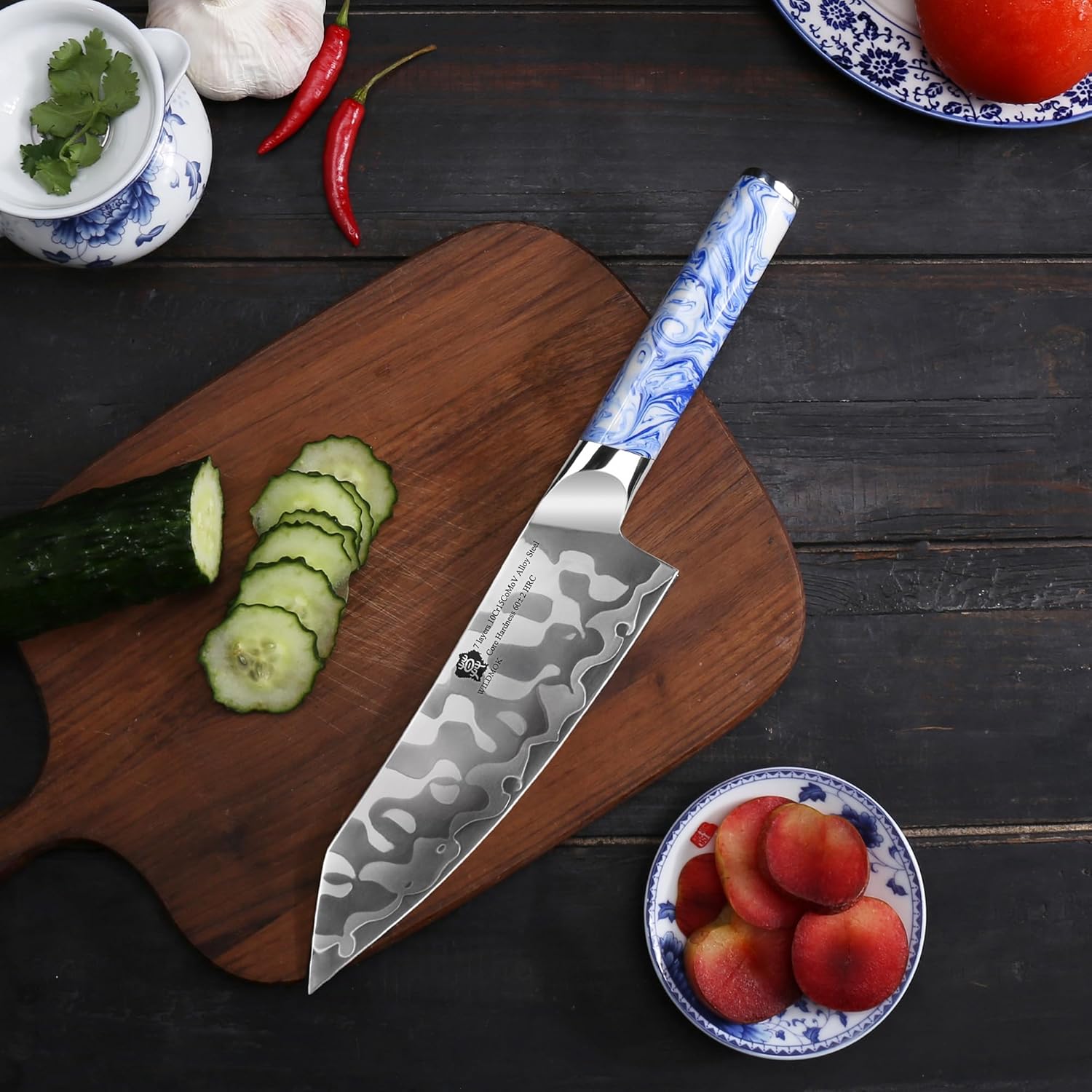 WILDMOK Santoku – Cuchillo de cocina japonés de acero aleado de 7 pulgadas, 7 capas, cuchillo de cocina ultra afilado con mango de resina