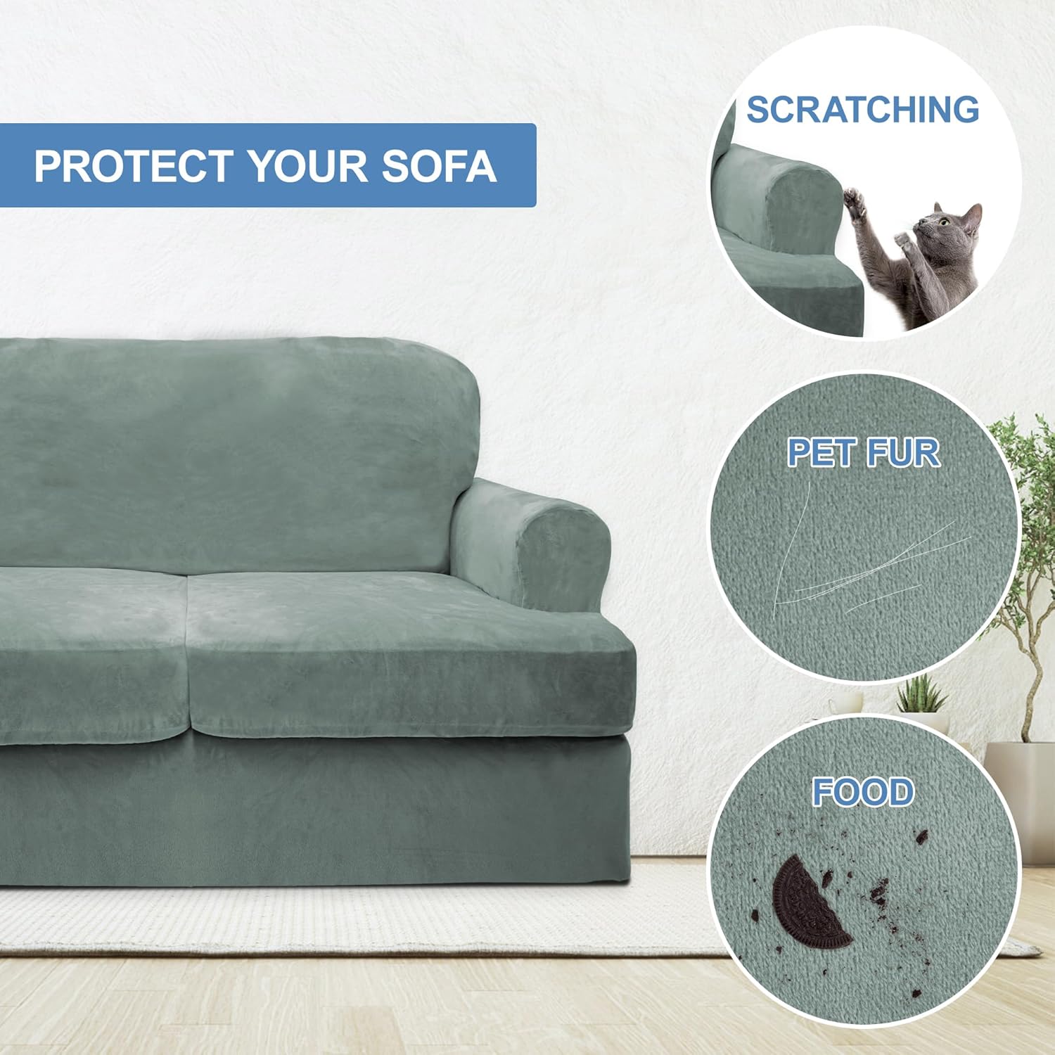 Funda para sofá con cojín en forma de T, 3 piezas, funda para sofá de terciopelo grueso, protector de muebles, fundas elásticas para sofá de 2