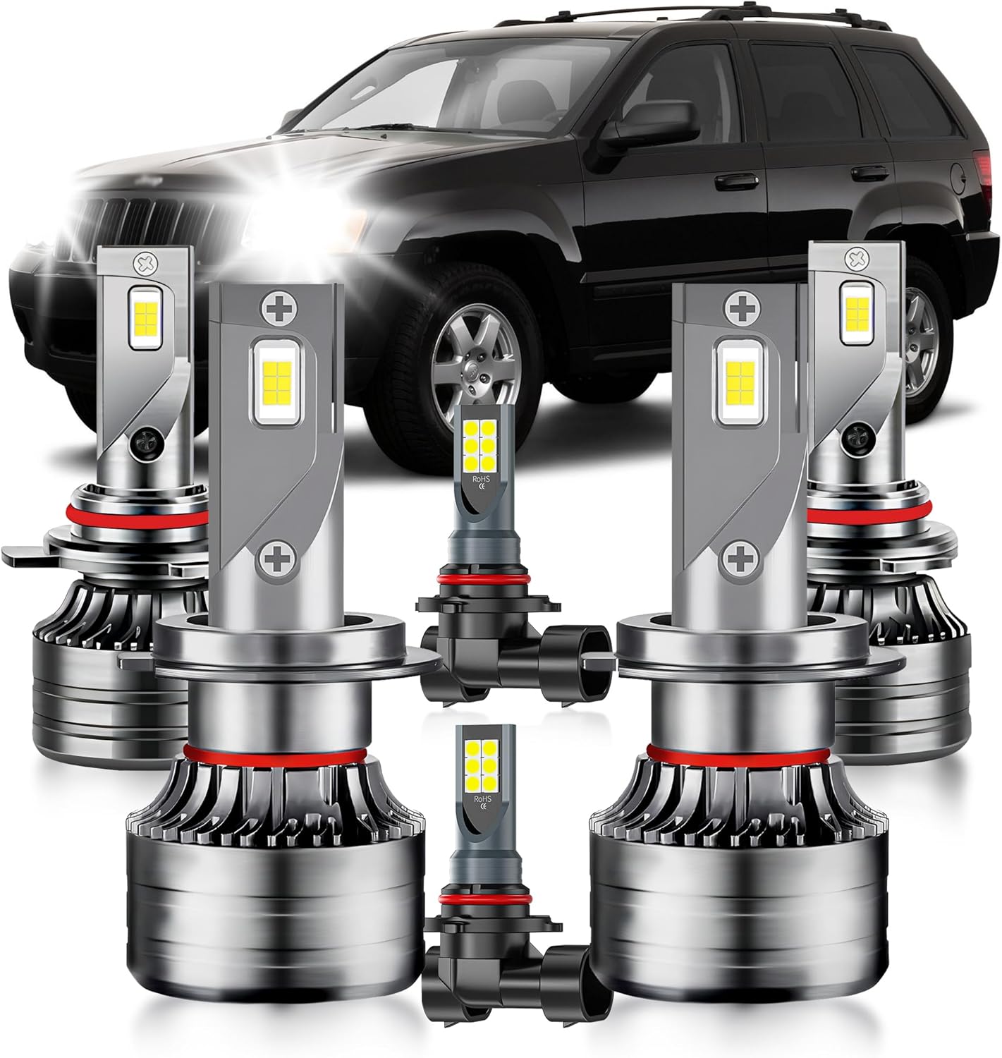 Para Jeep Grand Cherokee 1999-2010 Faros LED antiniebla Bombillas Combo, 6 unidades Super Brillante 6000K Blanco Alto y Bajo Faros y Luces