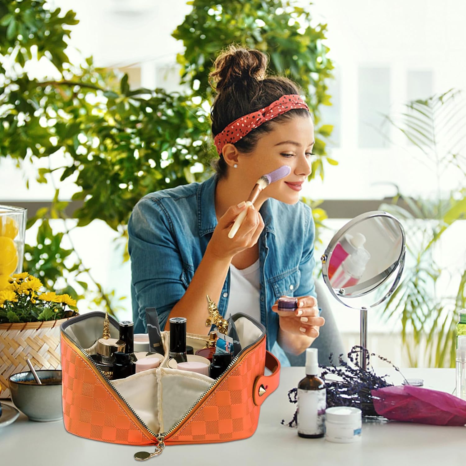 GUZINC Bolsa de maquillaje de viaje para mujer, Naranja, Vida cotidiana