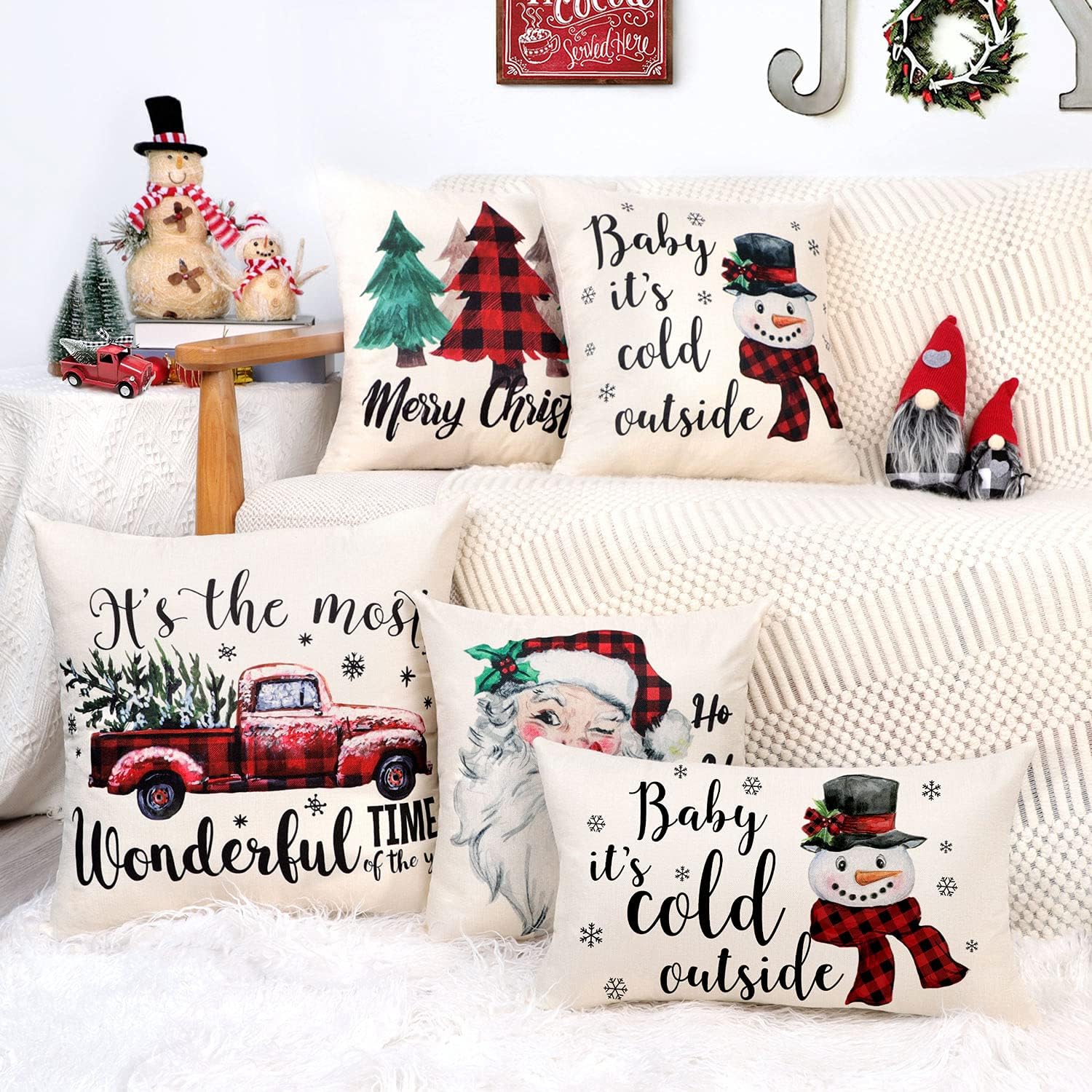 4TH Emotion Juego de 4 fundas de almohada de Navidad de 18 x 18 pulgadas, decoración navideña de granja, cuadros rojos y negros, decoración de