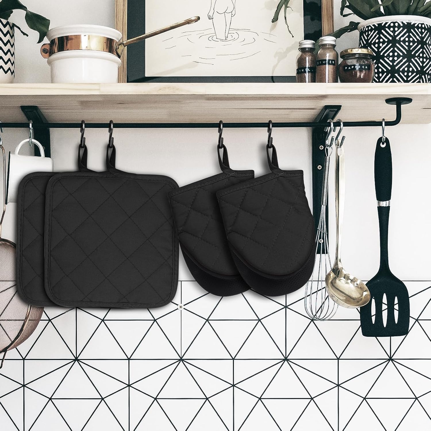 Juego de 4 manoplas de horno y soportes para ollas, mini guantes de cocina de silicona resistentes al calor para 500 grados, mini guantes de horno y