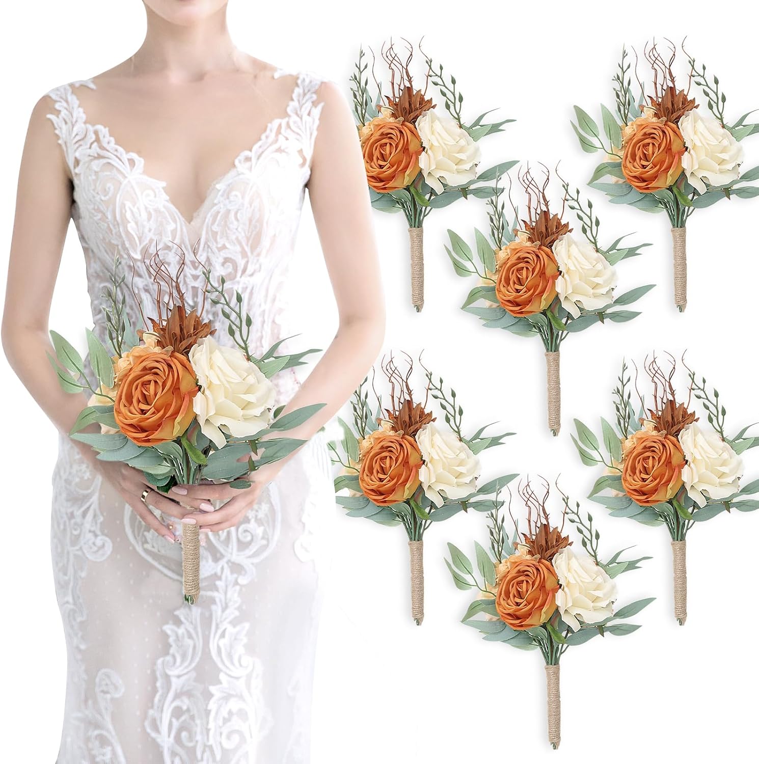 Ramos de dama de honor para boda, juego de 6 ramos de flores artificiales para decoración de otoño, boda, propuesta de matrimonio, fiesta,