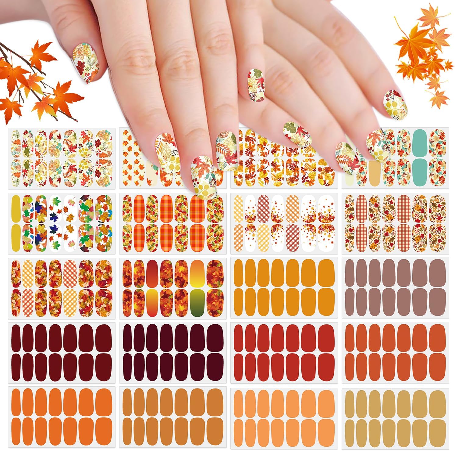 SILPECWEE 20 hojas de tiras de uñas de otoño para mujeres, calcomanías de esmalte de uñas de color sólido, tiras de esmalte de uñas autoadhesivas,