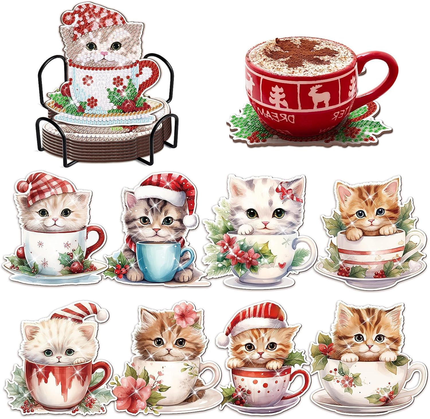 Juego de 8 posavasos de Navidad con diseño de diamantes para gatos con soporte para taza de Navidad, posavasos de arte de diamantes con bases de