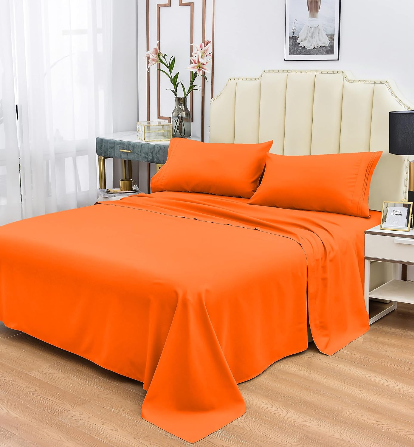 Juego de sábanas de rayón hechas de bambú, sábanas ultra suaves, 3 piezas, tamaño individual, naranja quemado