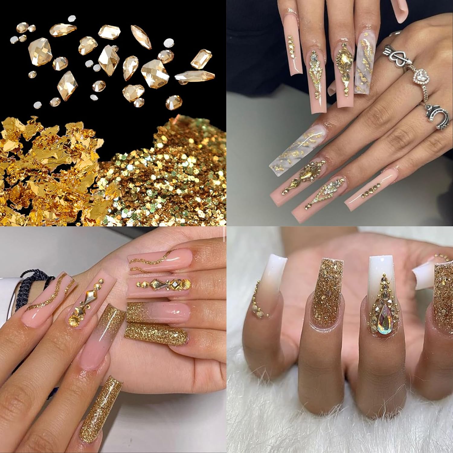 VOTACOS Diamantes de imitación para arte de uñas, diamantes de imitación de parte trasera plana, dijes de uñas dorados, múltiples formas,