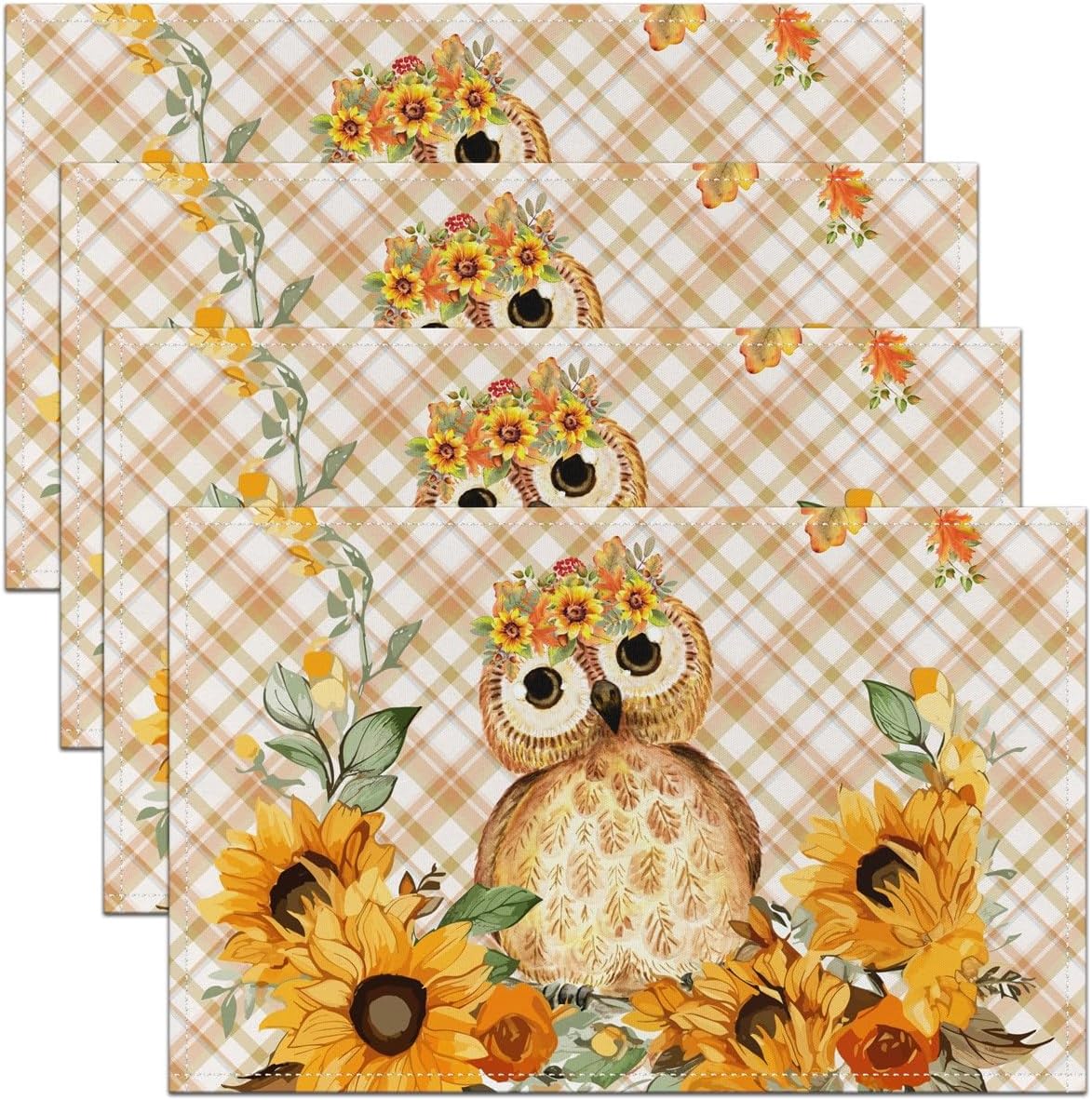Juego de 4 manteles individuales de acuarela con diseño de búho para cocina, estilo granja, diseño botánico de girasoles y hojas, resistentes al