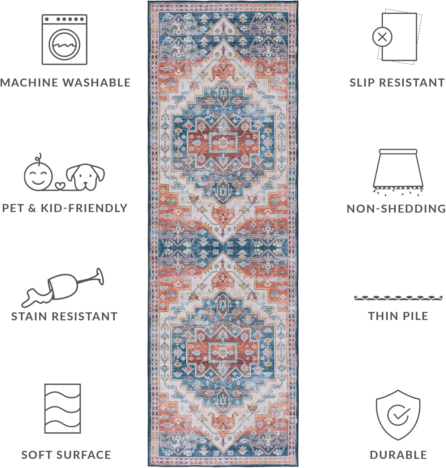 SAFAVIEH Tucson Collection – Alfombra de pasillo de 2 pies 6 pulgadas x 12 pies, color azul y óxido, diseño de medallón persa, lavable a máquina,