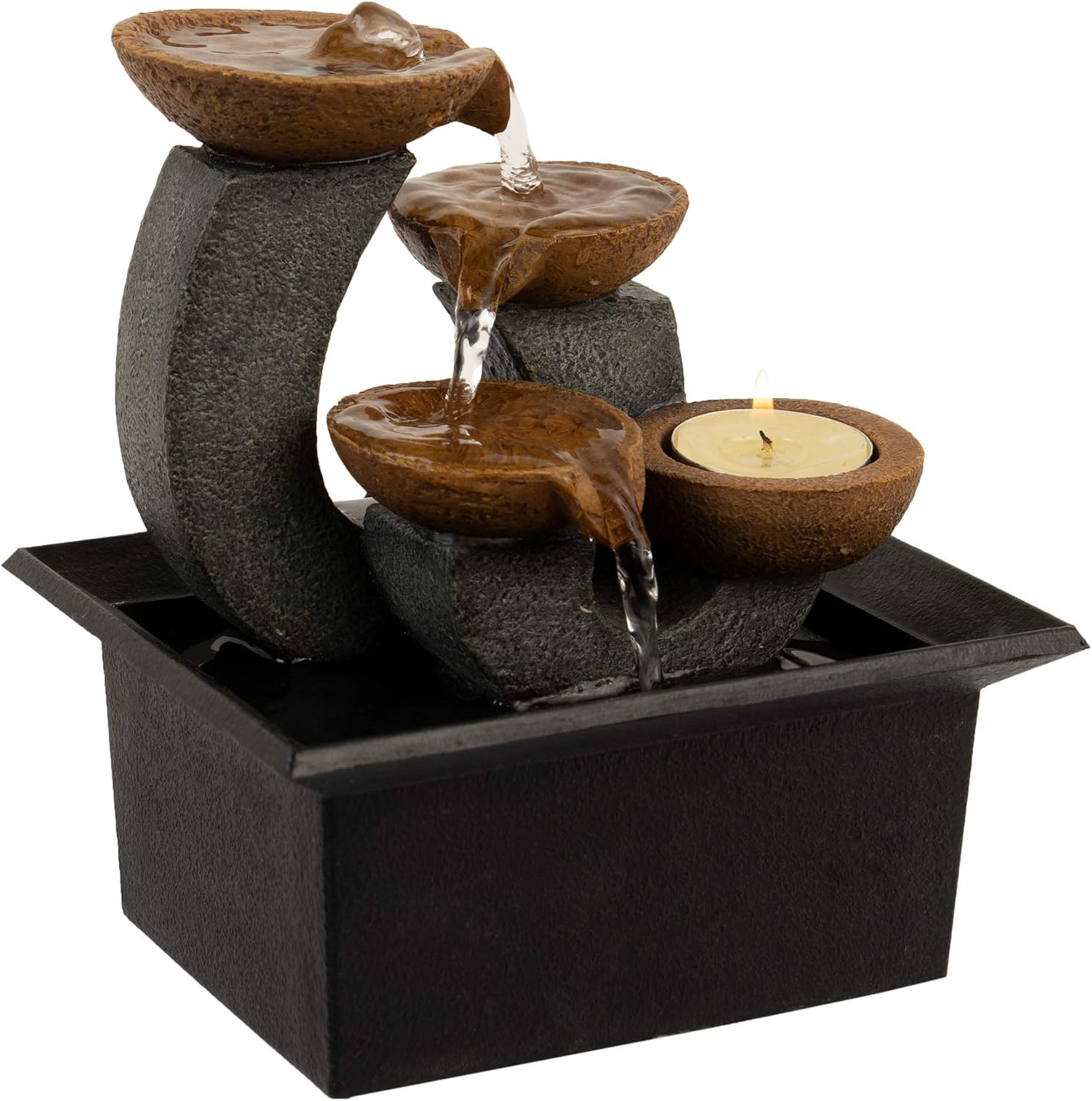 Pure Garden – Fuente de agua de mesa, cascada interior de 3 niveles y 7 pulgadas con portavelas, bomba eléctrica y sonidos relajantes para