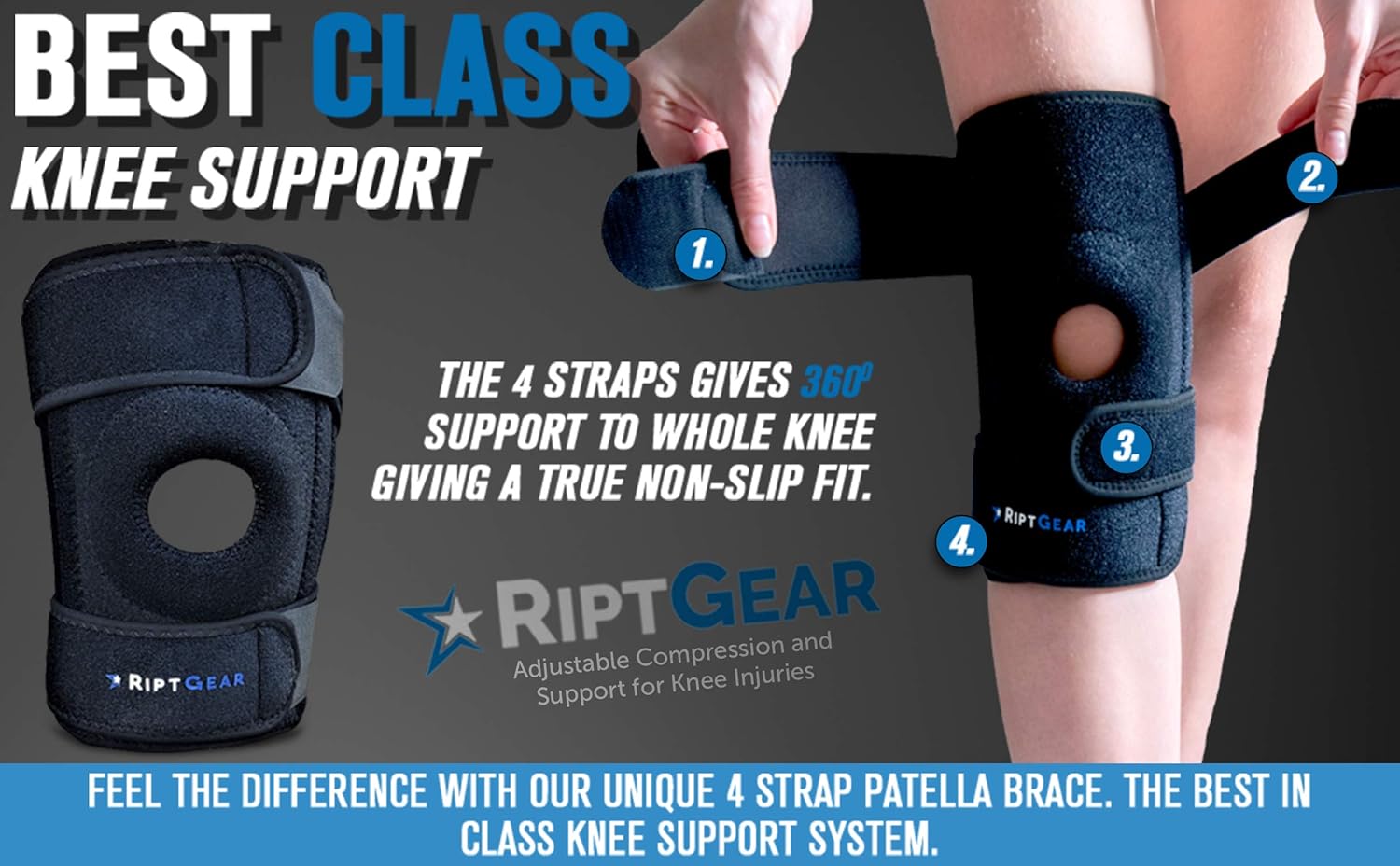 RiptGear Rodillera abierta con correas laterales ajustables, diseñada para reducir la presión en la rodillera