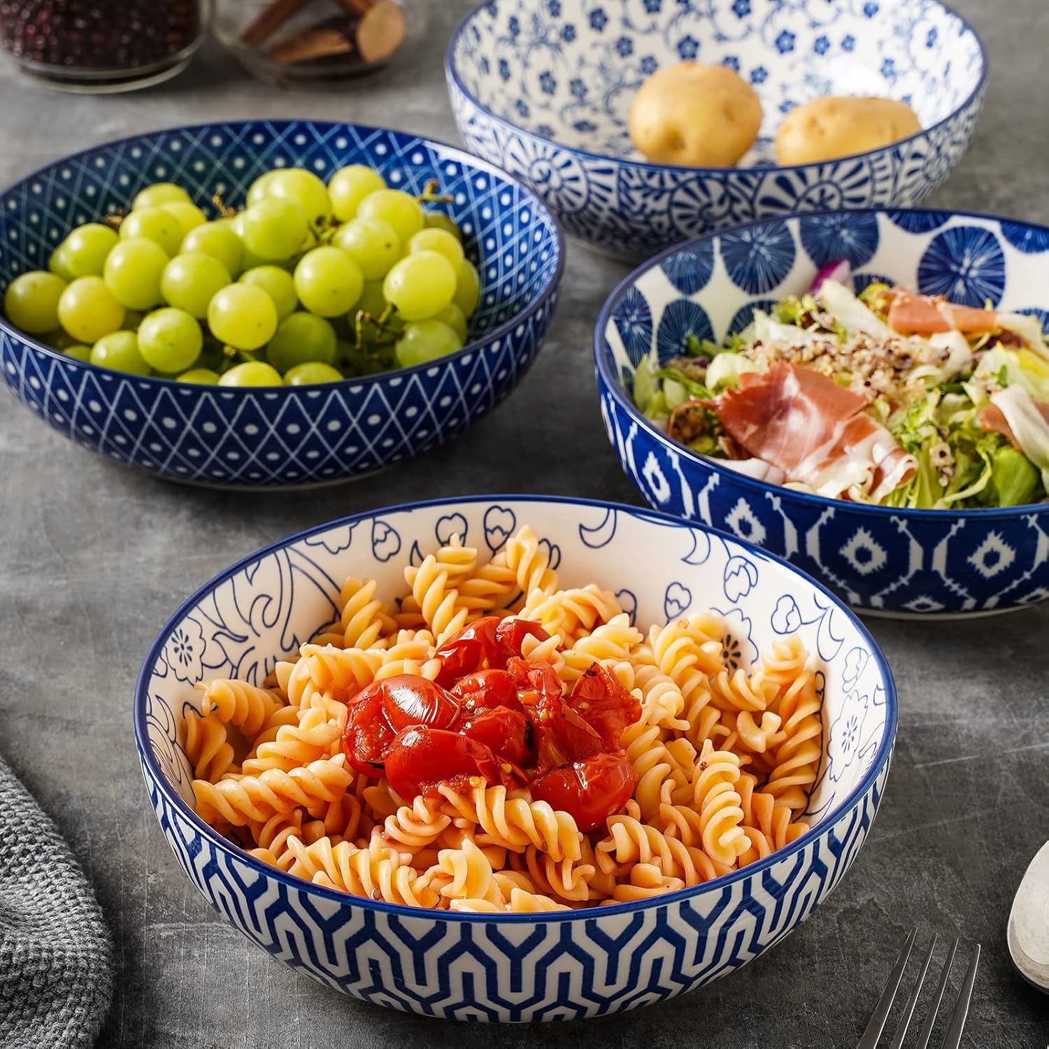 Selamica Juego de 4 cuencos de cerámica para pasta de 50 onzas, cuencos grandes de ensalada de 8.6 pulgadas, cuencos de sopa de porcelana anchos y