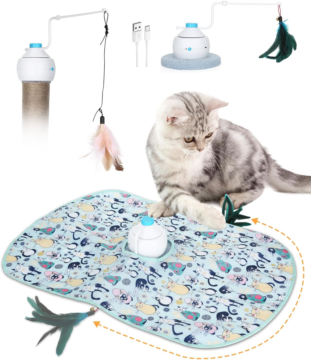 HAPPY HACHI Juguetes interactivos para gatos, 3 en 1, juguetes electrónicos de plumas para gatos, recargable por USB, juguete móvil automático,