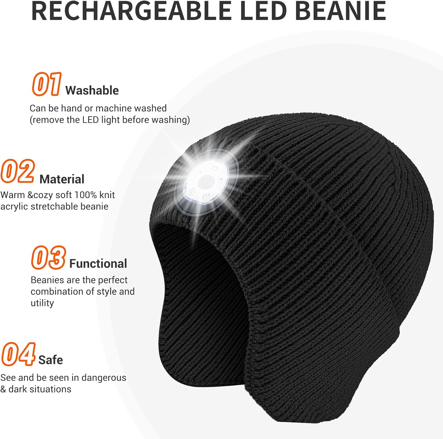 TOUCH TWO Beanie Hat with Light & Ear Flaps, USB Rechargeable LED Headlamp Cap-Winter Hat Stocking Stuffers Gifts