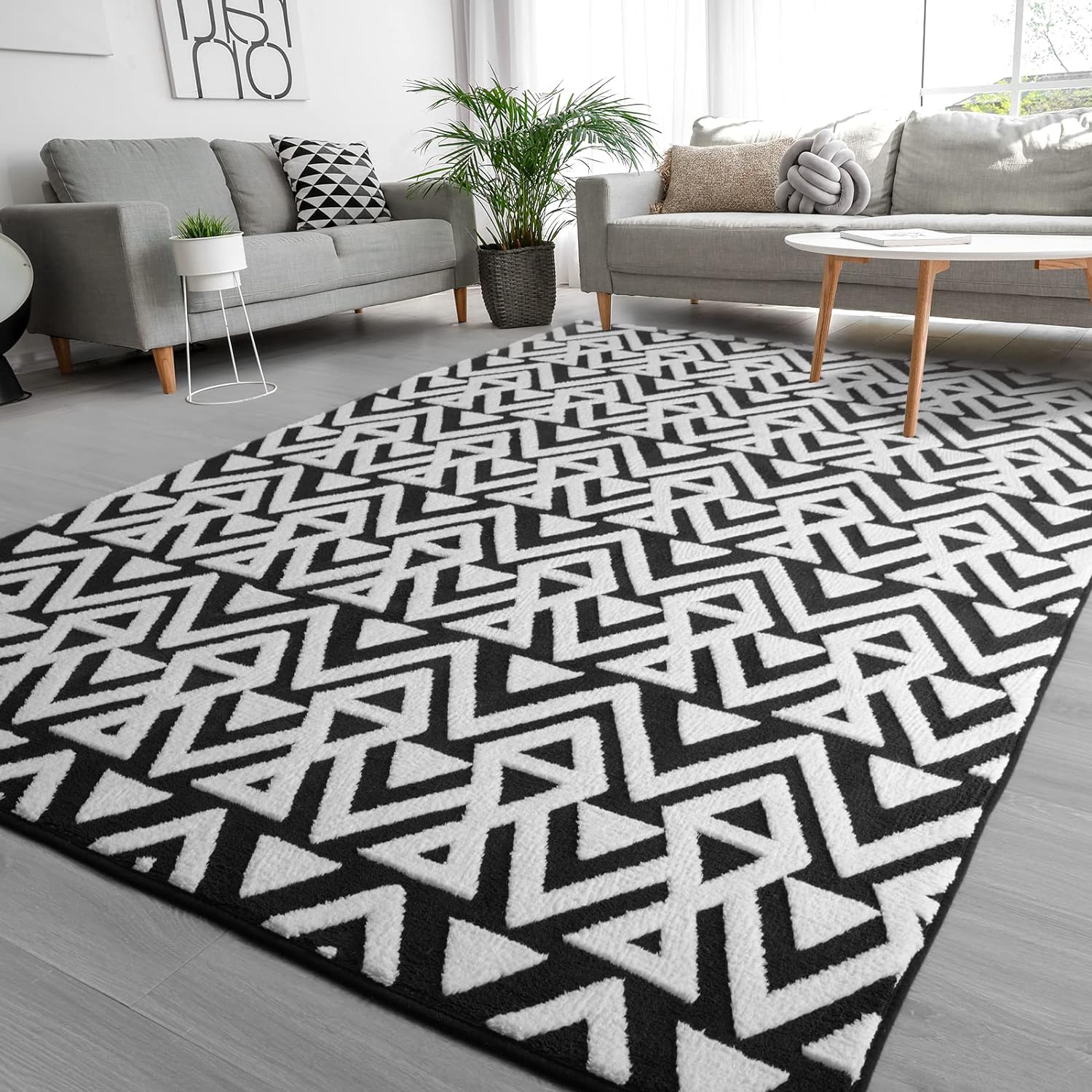 Ompaa Alfombras geométricas ultrasuaves de espuma viscoelástica, color negro, de 5 x 8 pies, acogedoras alfombras para sala de estar, sofá,