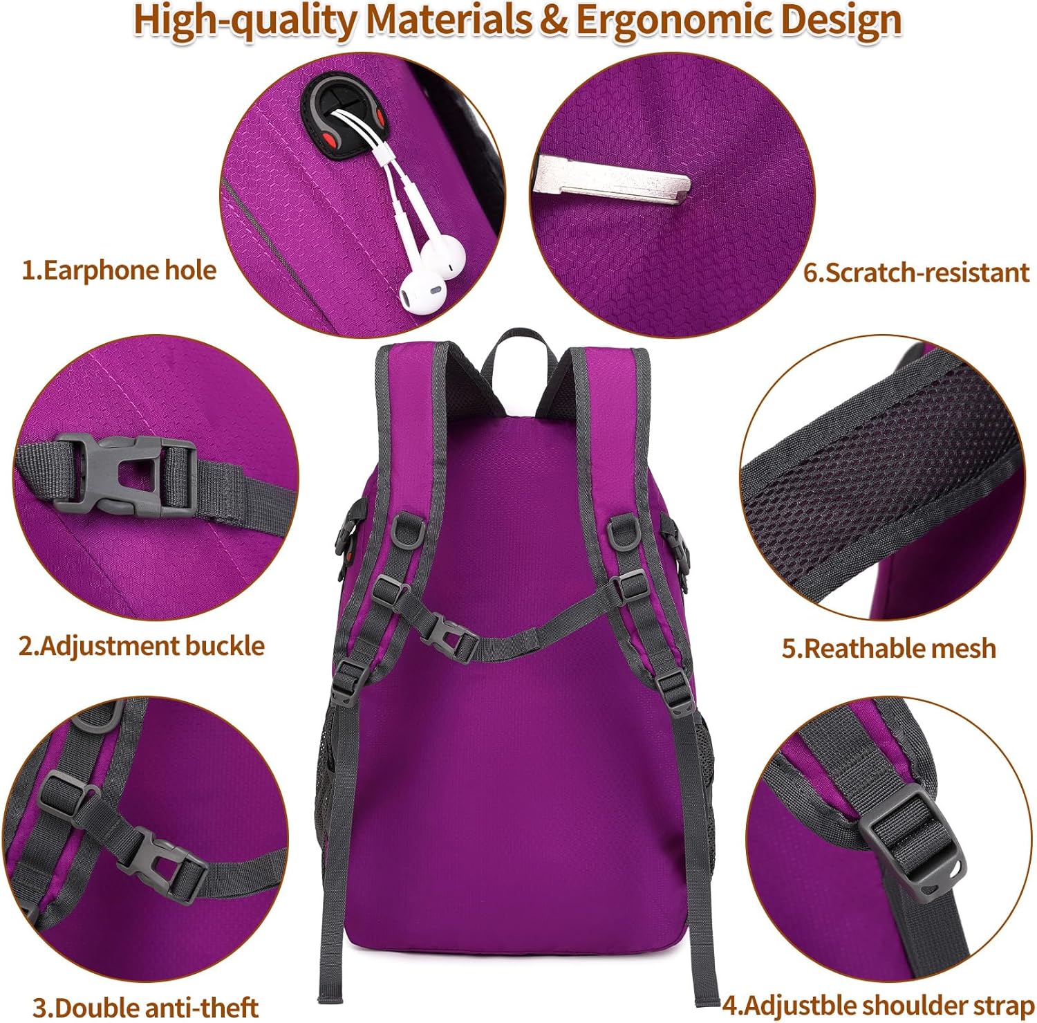 Mochila de senderismo pequeña Mochilas de viaje ligeras Mochila impermeable para senderismo para mujeres y hombres, púrpura, (Purple-30L), Casual
