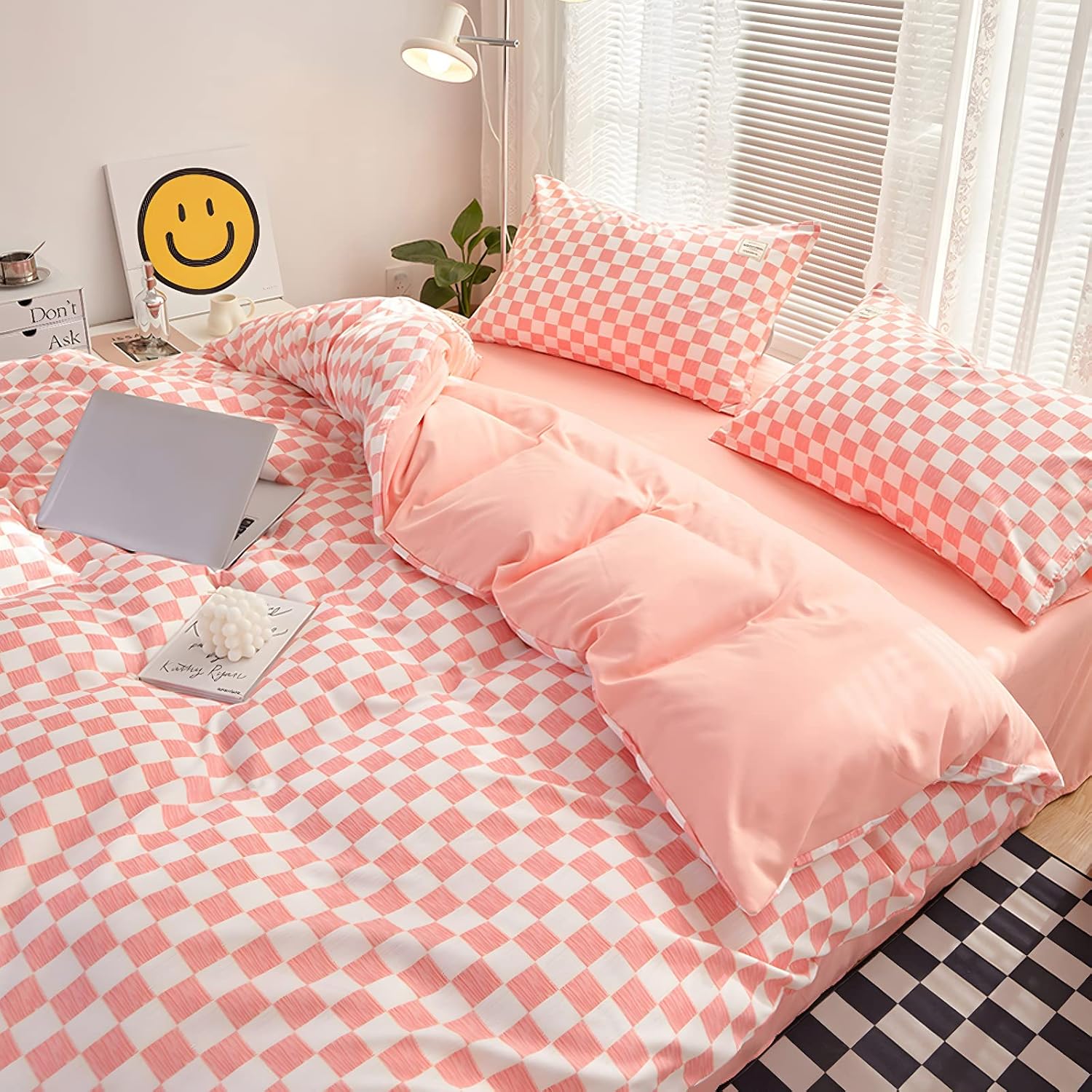 Juego de funda de edredón a cuadros de color rosa, tamaño matrimonial, suave 100% algodón lavado, 4 piezas, 1 funda de edredón + 2 fundas de
