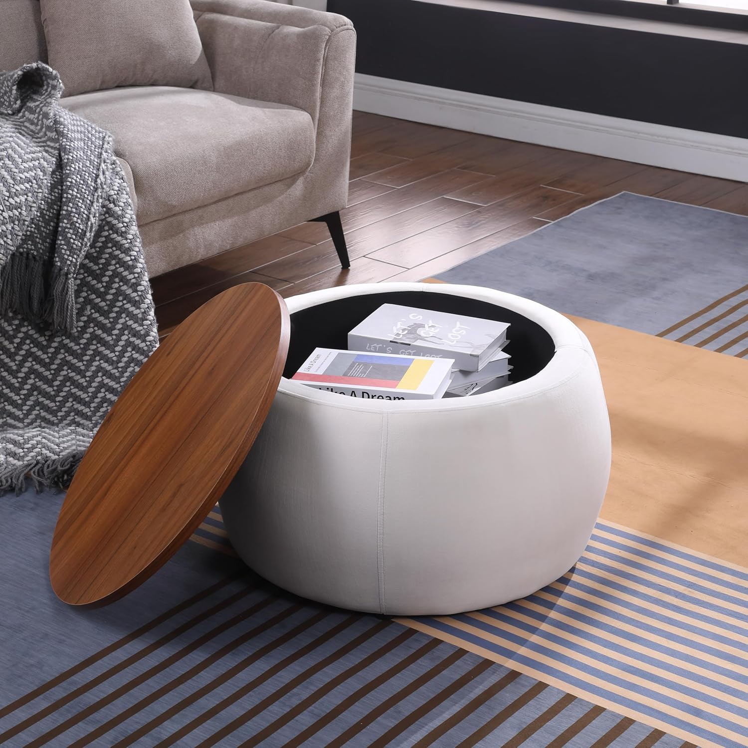 Morden Fort Otomana redonda con almacenamiento para sala de estar, mesa de centro otomana de 26 pulgadas con almacenamiento con cubierta de madera,