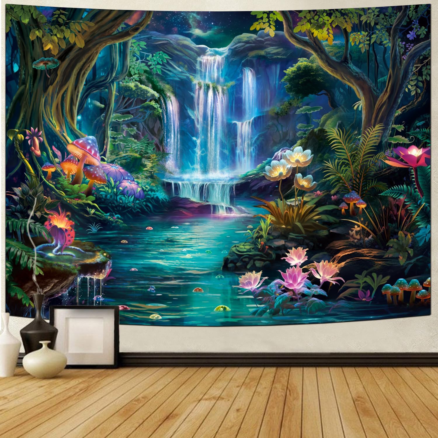 Generleo Tapiz de bosque con diseño de hongos, flores, galaxia, cascada, colorido, floral, plantas, tapiz de pared, tapiz estético de fantasía,