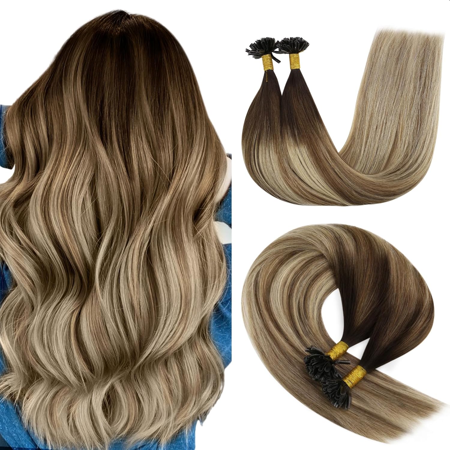 YoungSee Extensiones de cabello balayage con puntas en U, color marrón oscuro, ombré, marrón claro y rubio claro, balayage, con punta en U,