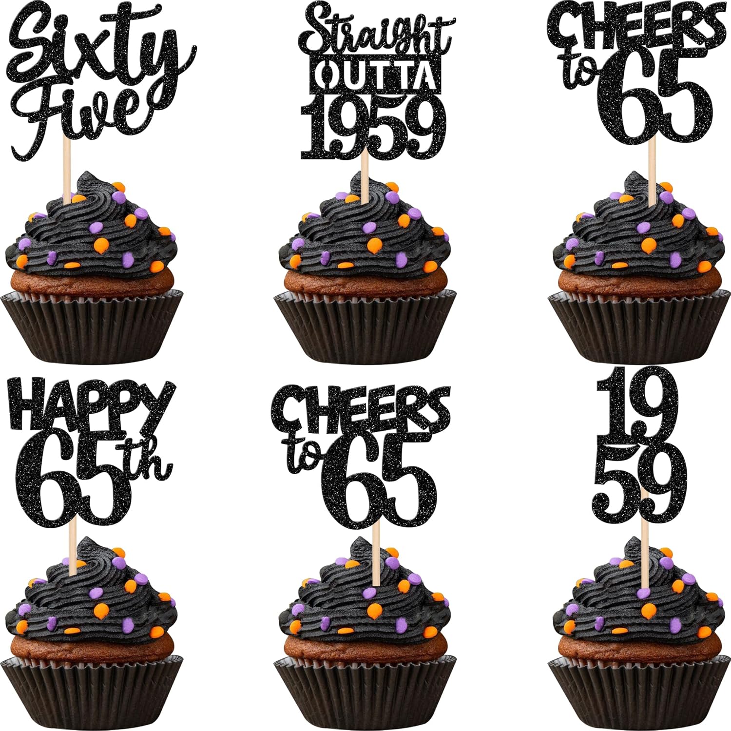 30 piezas negras para cupcakes de cumpleaños 65 con purpurina Sixty Five Happy 65th Straight Outta 1959 para magdalenas para saludos a 65 años 65