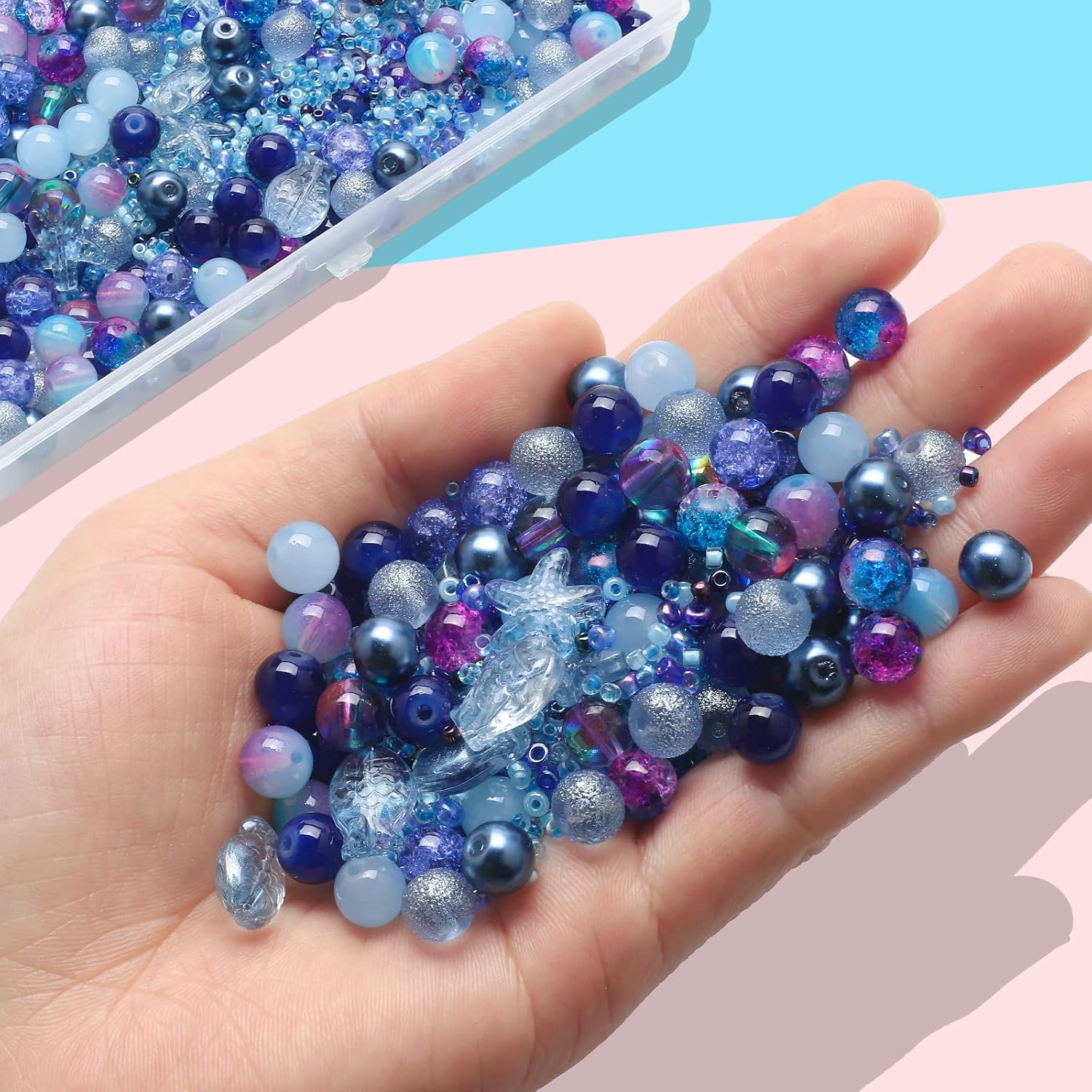 Rired 27 760 cuentas de pulsera de cristal surtidas para hacer joyas, 8 tipos de cuentas redondas de vidrio azul glamour con cuentas de estrella,